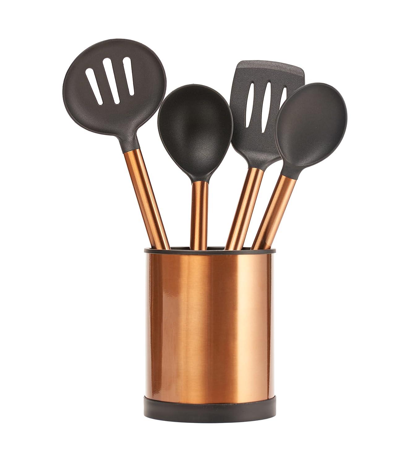 Servappetit 5 Pc Cooking Utensil Set - Slotted Spatula, Oval Spoon, Round Spoon with Holder - Heat Resistant, Non-Stick - Copper