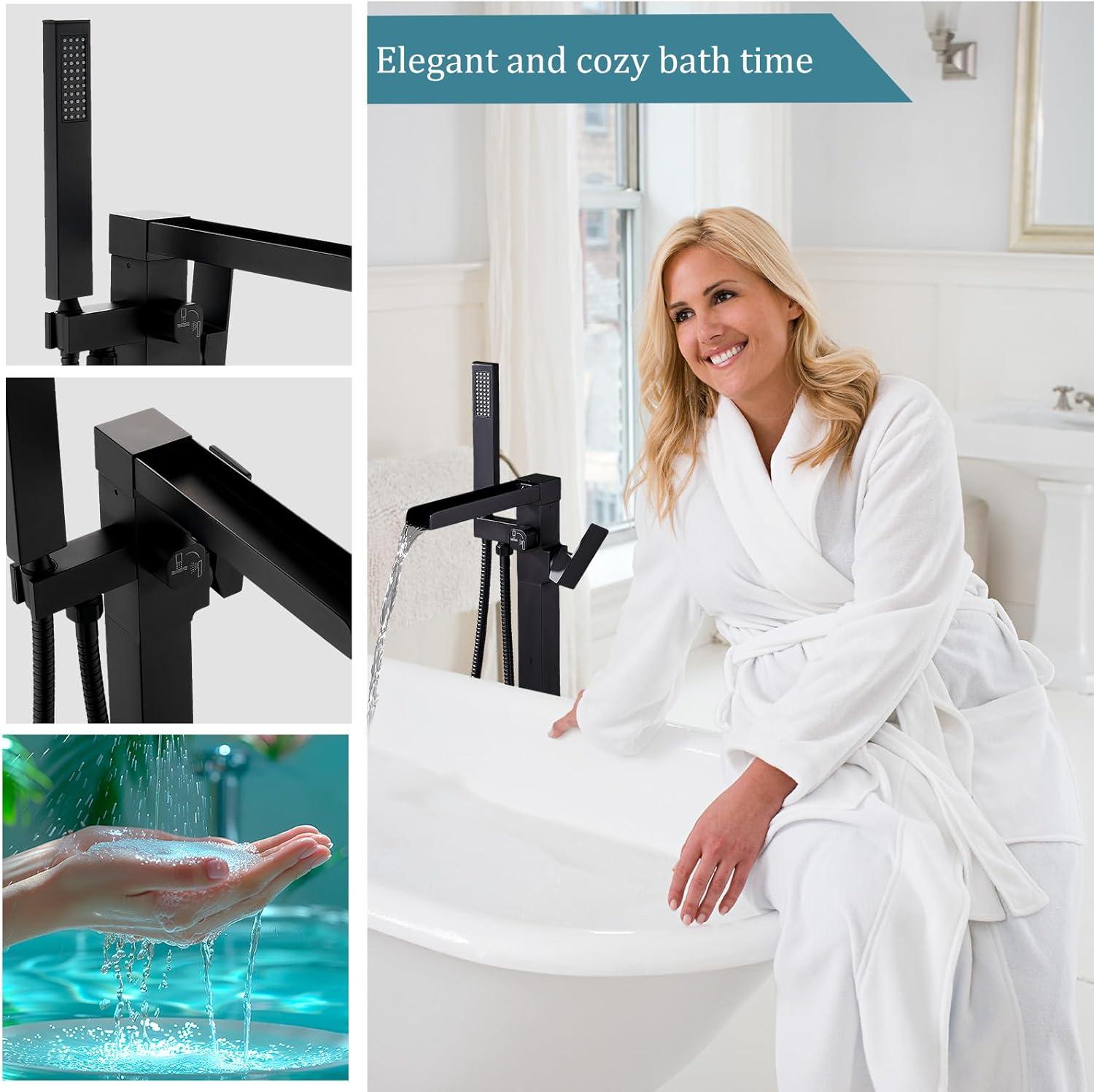 AlenArtWater Waterfall Tub Filler Freestanding Bathtub Faucet Floor Mount Brass Single Handle Bathroom Faucets with Hand Shower 93-LJQKCZ