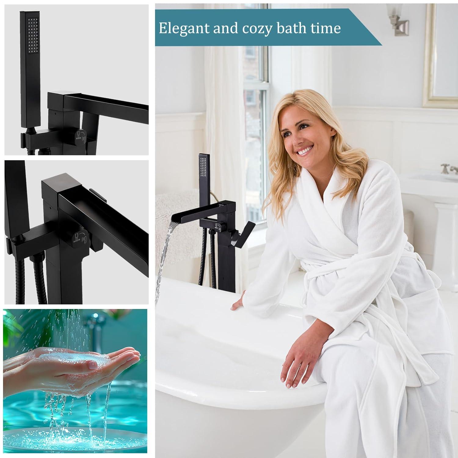 AlenArtWater Waterfall Tub Filler Freestanding Bathtub Faucet Floor Mount Brass Single Handle Bathroom Faucets with Hand Shower 93-LJQKCZ