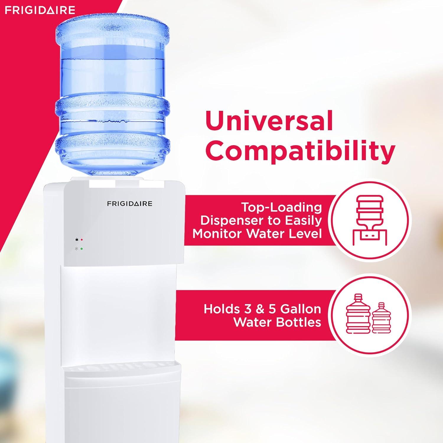 Frigidaire Water Cooler White: Freestanding Electric Dispenser, 5 Gallon Capacity, Hot & Cold, Safety Switch