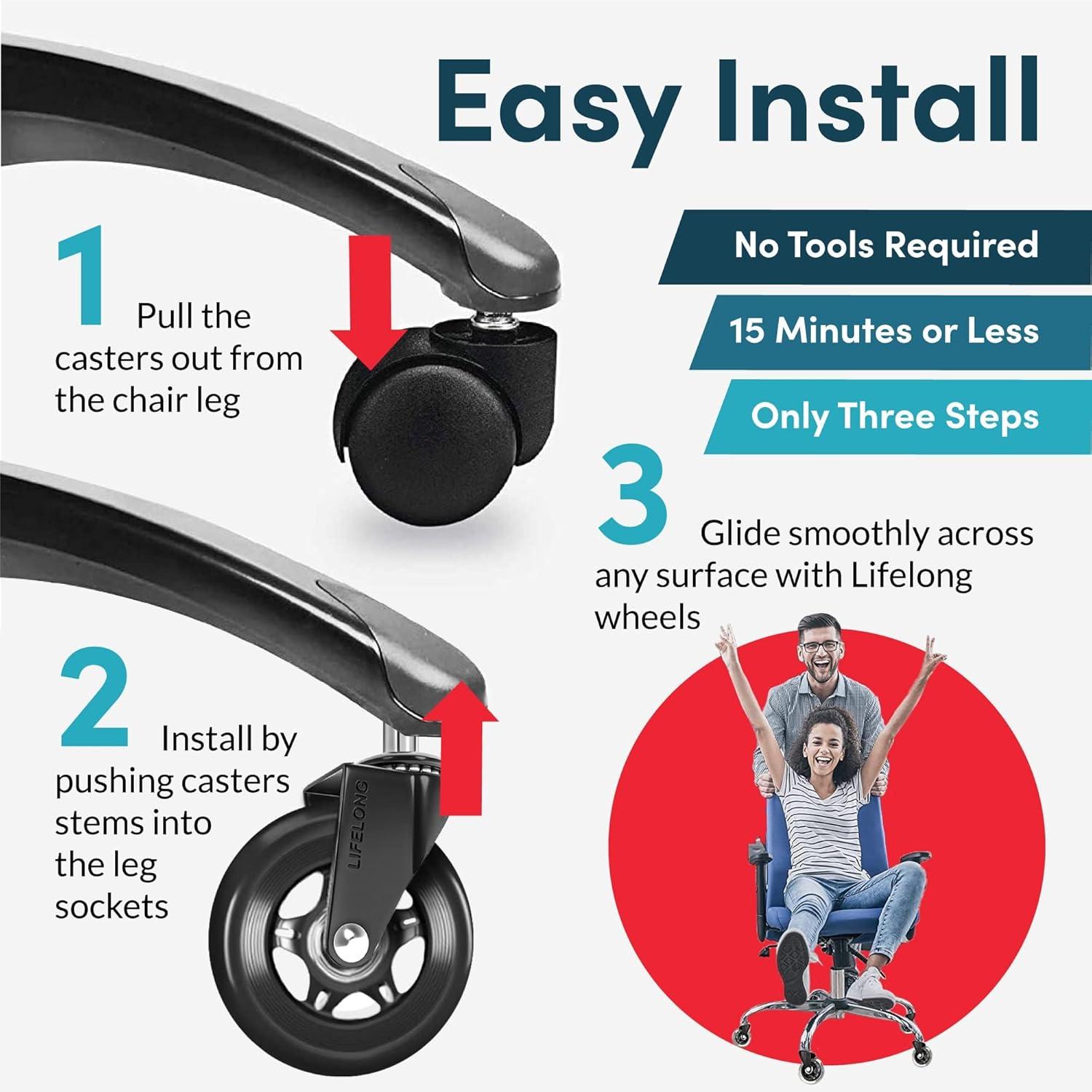 Lifelong Office Chair Caster Wheels for Hardwood Floors and Carpet, Heavy Duty, Universal Fit - Black