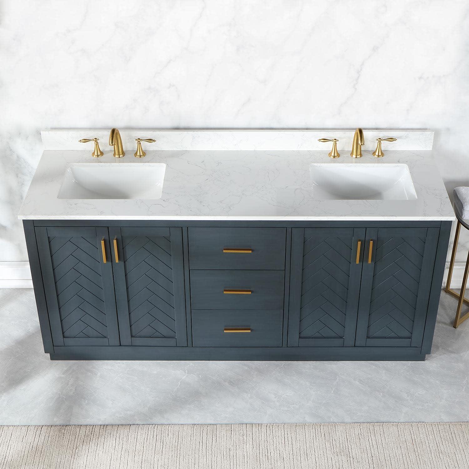 Gazsi 72" Double Bathroom Vanity Set in Black Oak with Grain White Composite Stone Countertop Without Mirror