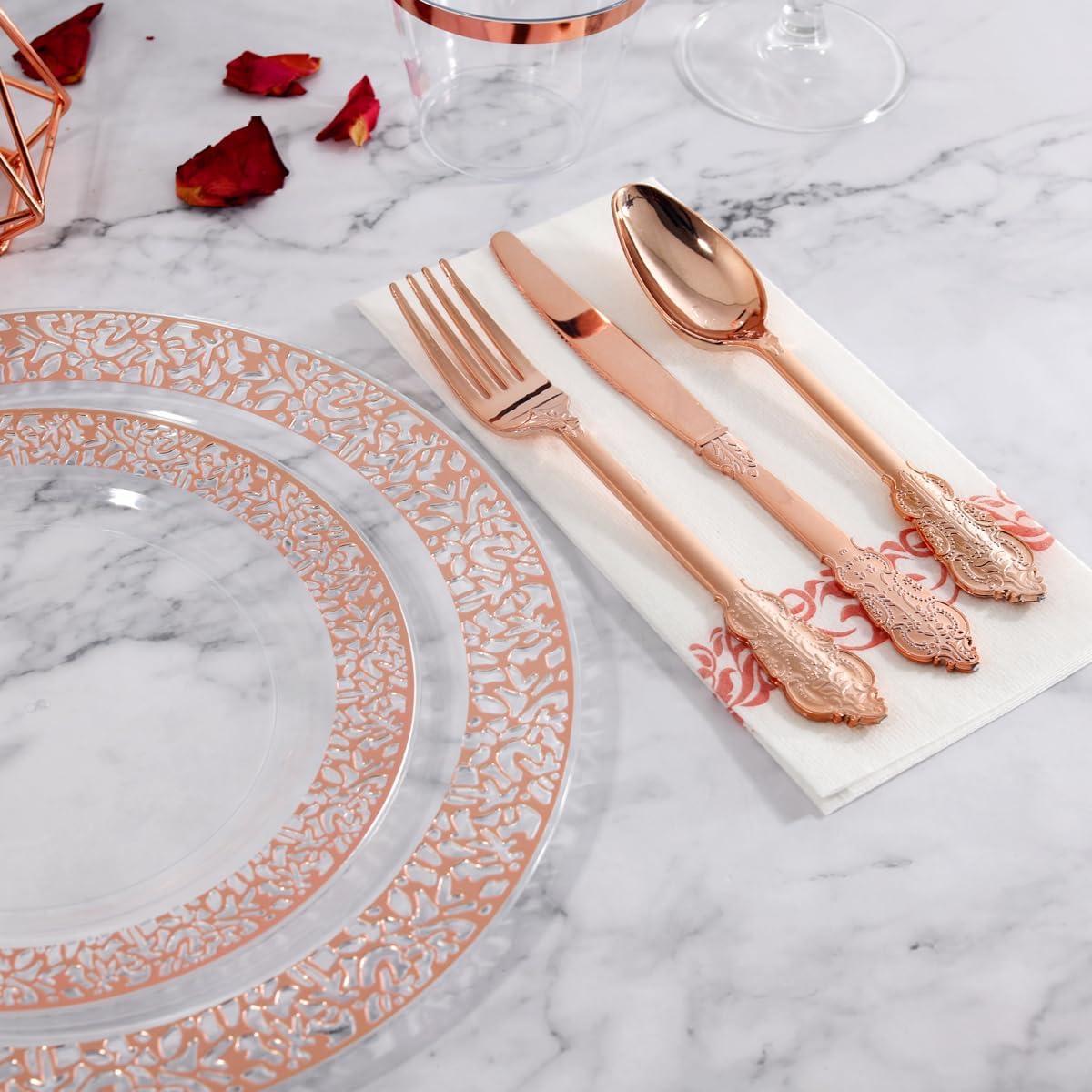 Rose Gold and Clear Plastic Dinnerware Set for 50 Guests