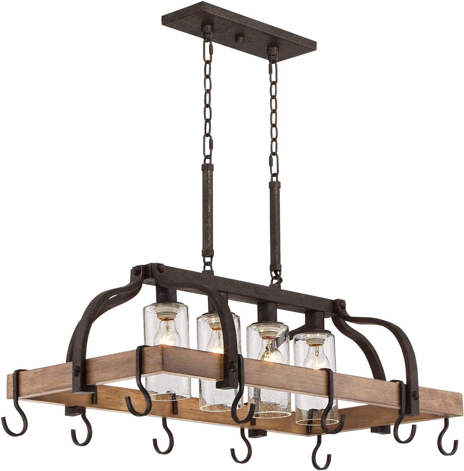 Eldridge Bronze and Wood Pot Rack Chandelier with Seeded Glass