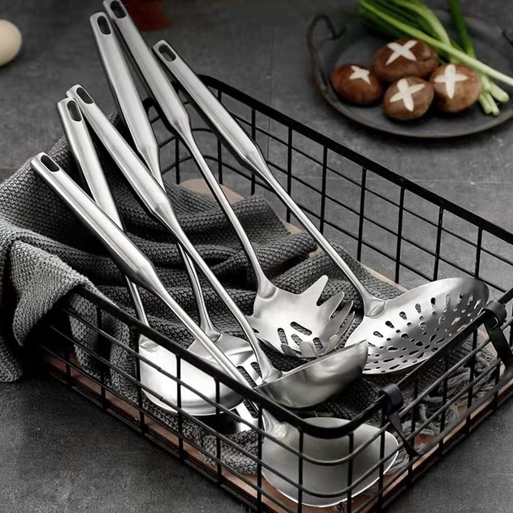 Cooking Utensils Set Stainless Steel Kitchen Metal Serving Utensils Set of 6 Pcs-Wok Spatula Ladle Set, Skimmer Slotted Spoon, Pasta Spoon, Serving Spoon, Slotted Spatula Tunner,Dishwasher Safe