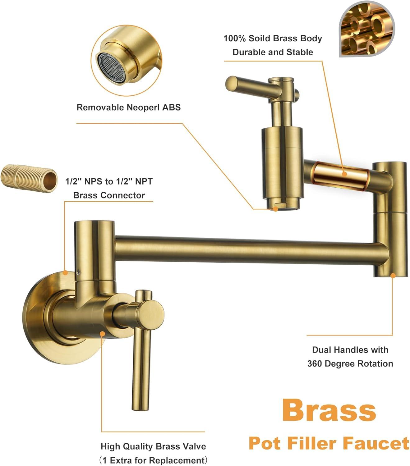 Brushed Gold Double Handle Wall Mount Pot Filler Faucet