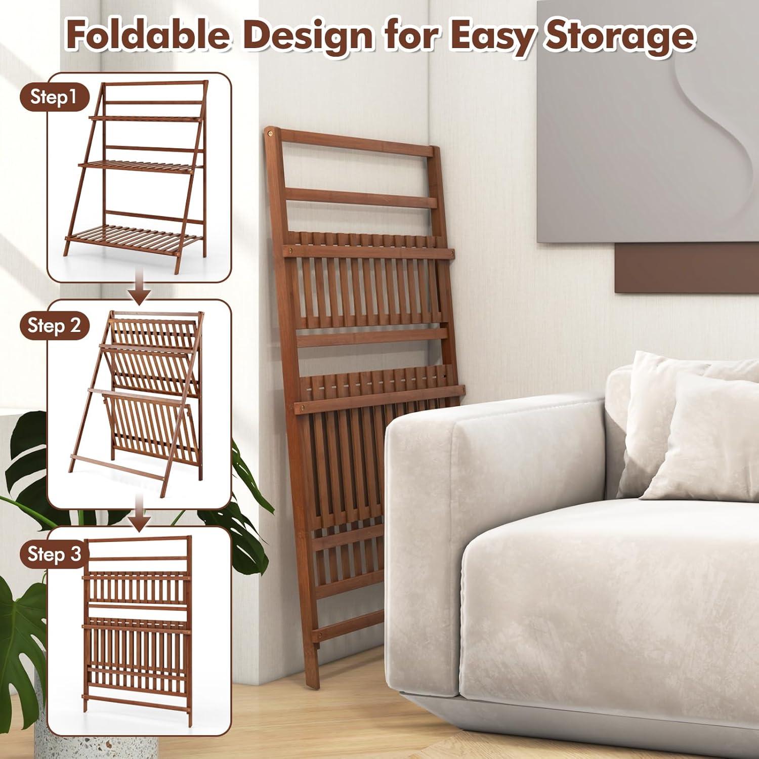 Costway Bamboo Ladder Plant Stand 3-Tier Foldable Flower Pot Display Shelf Rack Natural