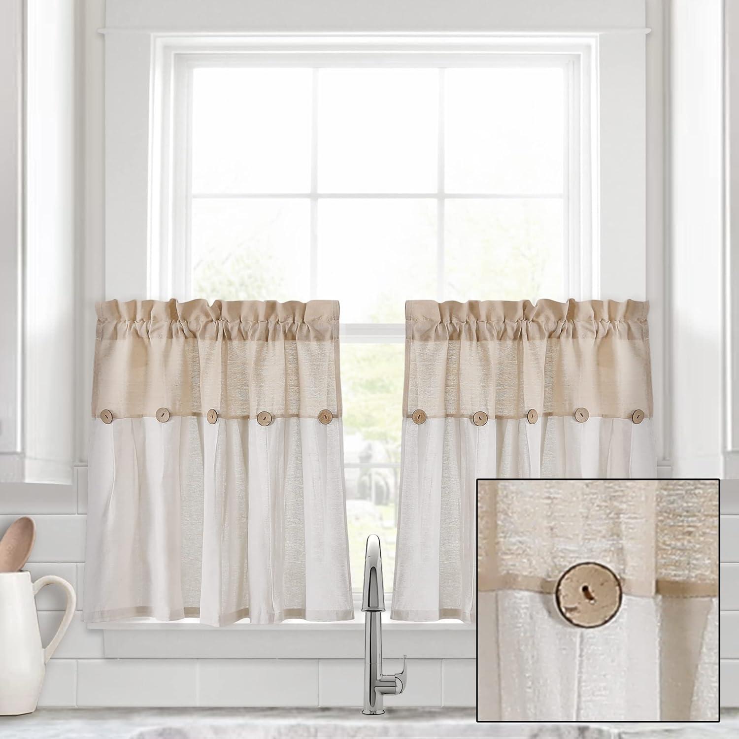 Linen Button Kitchen Tier Curtain Panels Linen 29X24 Set