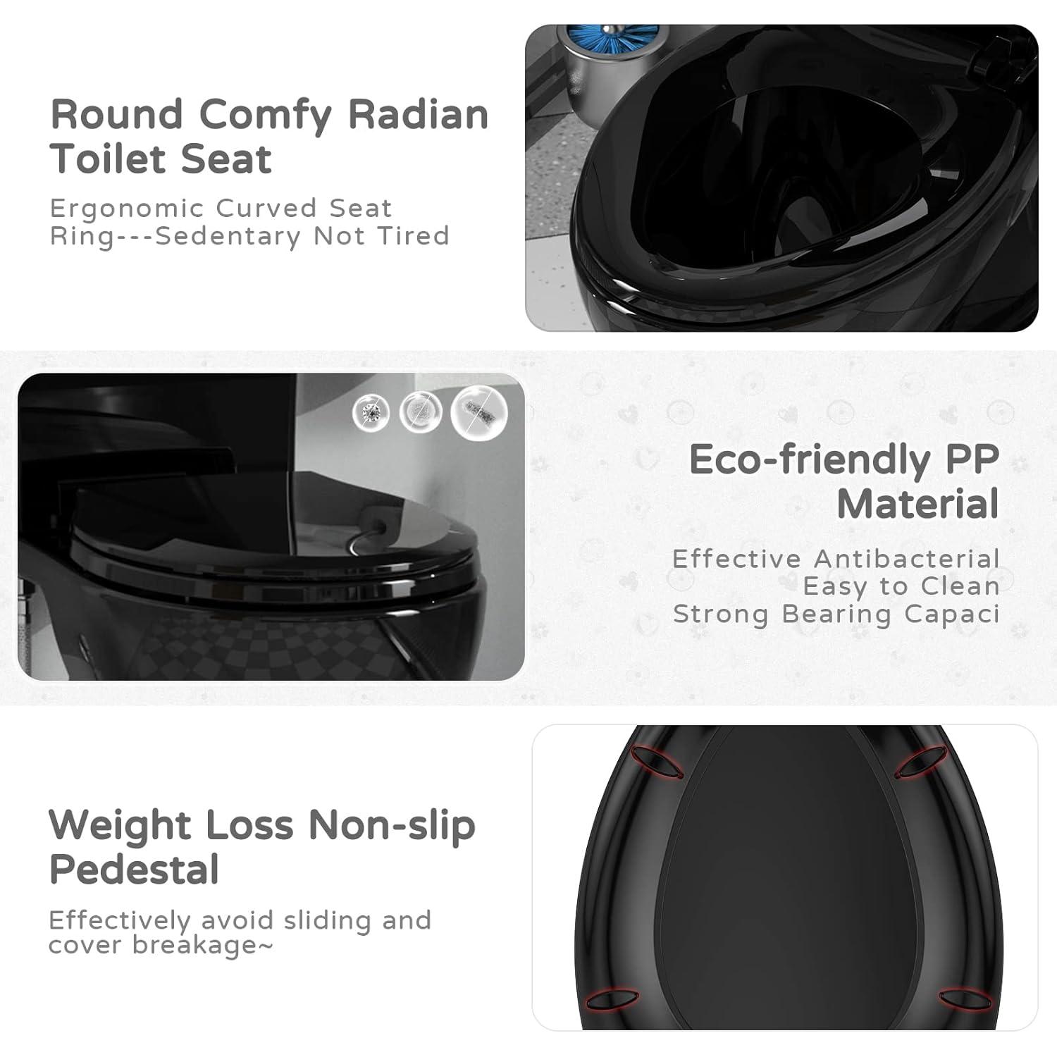 Elongated Toilet Seat, Slow Soft Close, Oval(Oblong) Toilet Seat For Elongated Toilets, Quiet-Close Lid And Seat, Easy To Install And Clean, Never Loosen, Black(18.5)