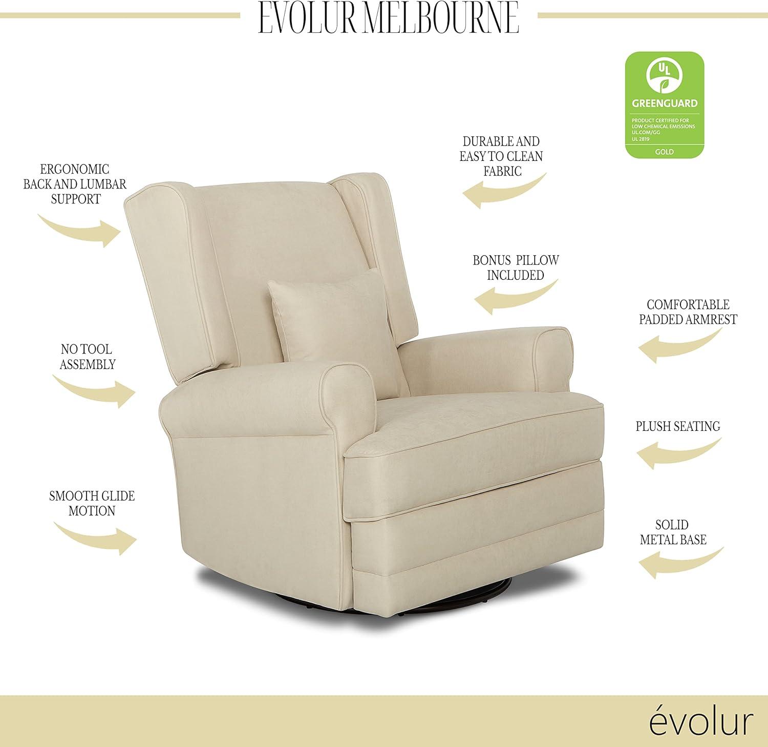 Evolur Melbourne Wing Back Swivel Glider I Nursery Glider I Durable Soft Fabric I Bonus Pillow In Iron