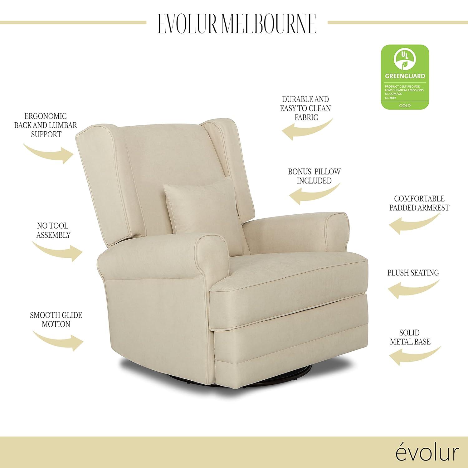 Evolur Melbourne Wing Back Swivel Glider I Nursery Glider I Durable Soft Fabric I Bonus Pillow In Iron