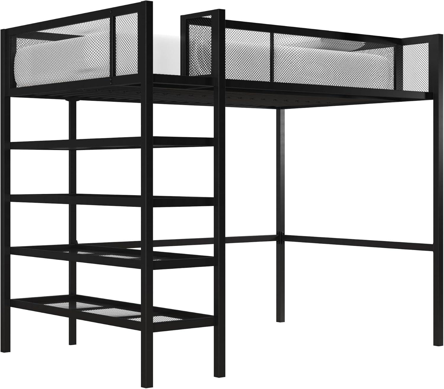 Twin Black Metal Loft Bed with Bookcase and Slats