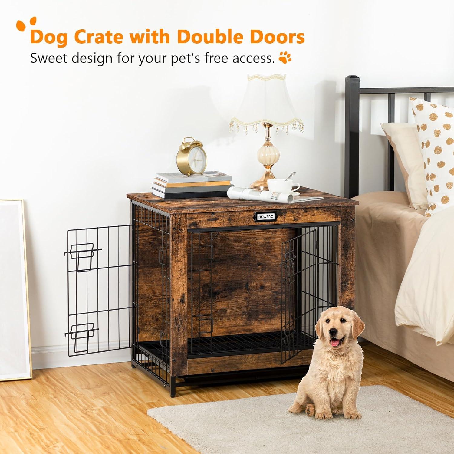 Rustic Brown Small Wooden Dog Crate Table with Double Doors