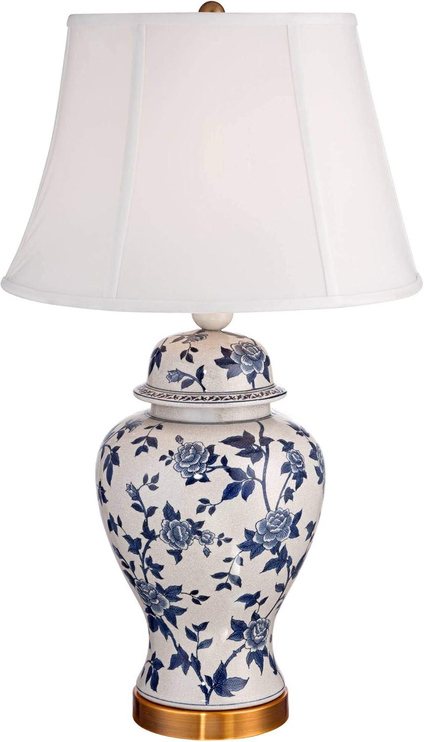 Barnes and Ivy Traditional Table Lamp 25" High Crackle Ceramic Blue and White Rose Vine Temple Jar White Bell Shade for Living Room Family