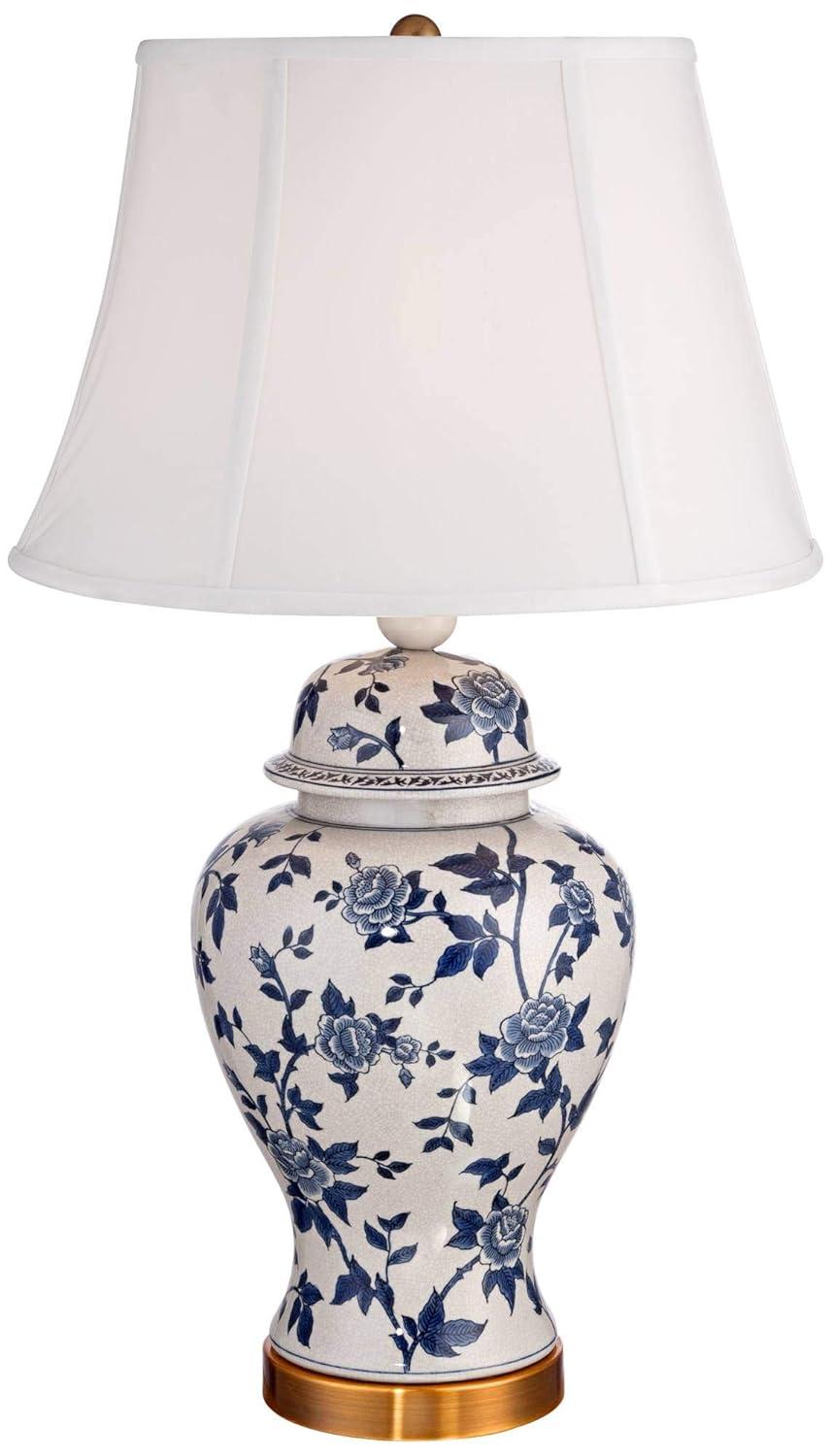 Barnes and Ivy Traditional Table Lamp 25" High Crackle Ceramic Blue and White Rose Vine Temple Jar White Bell Shade for Living Room Family