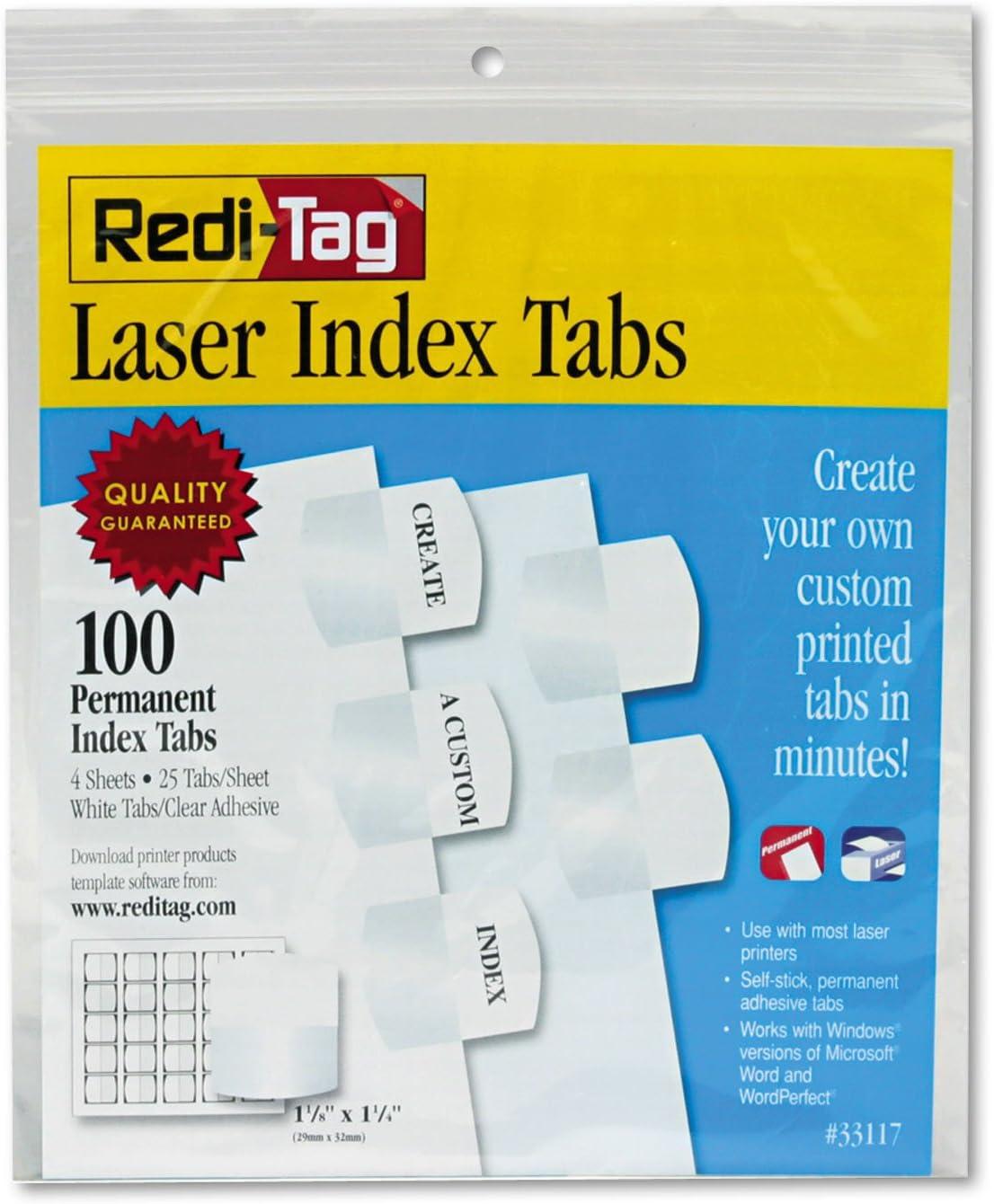 Redi-Tag White Laser Printable Index Tabs, 1.13" Wide, 100/Pack