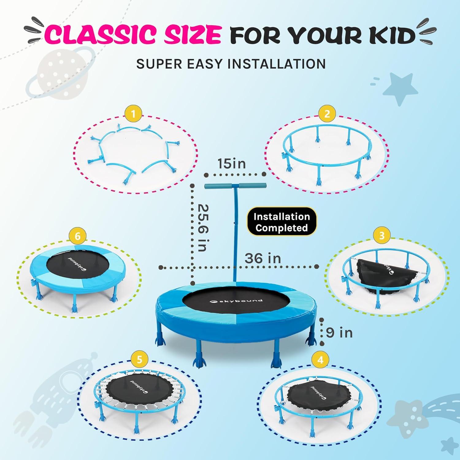 SkyBound 36 Inch Trampoline for Kids, toddler trampoline with handlebar for Age 3 +, indoor mini trampoline for kid, Ideal Gift for Boys and Girls