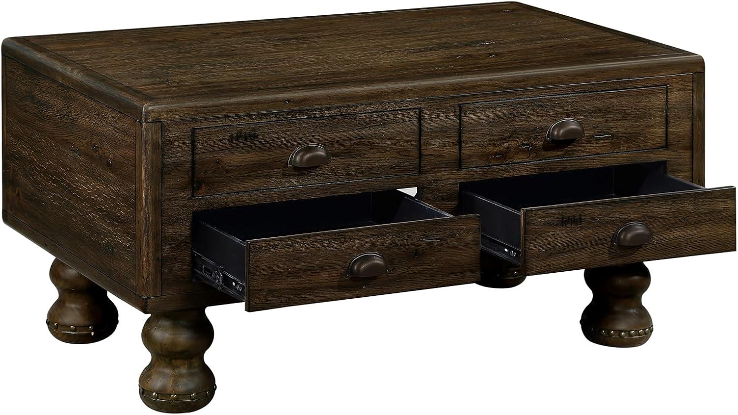 Solid Wood Rectangle Coffee Table For Living Room, 40-Inch Antique Coffee Table With 4 Drawers, Wood Center Table Tea Table With Rivet Decoration Legs.Easy Assembly, Espresso