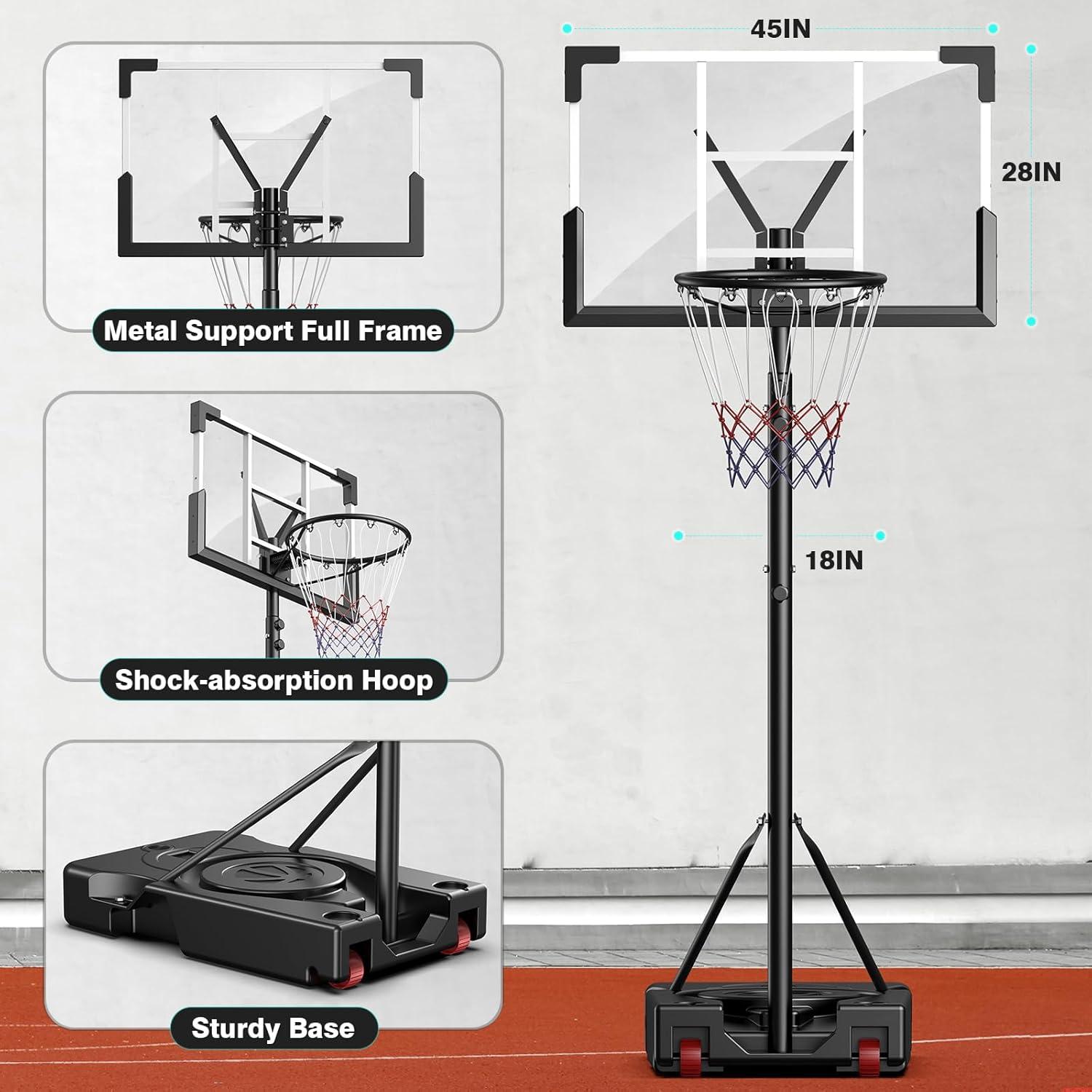 Adjustable Height Black Polycarbonate Portable Basketball Hoop System