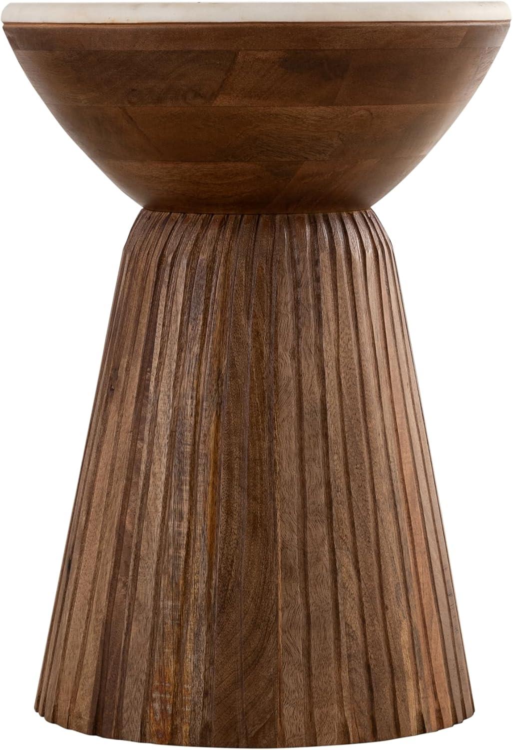 Round Marble Top Solid Mango Wood Decorative Cylindrical Base Side/End Table,Contemprary Accent Side/End Table,Fully Assembled, for The Living Room and Bedroom Gray