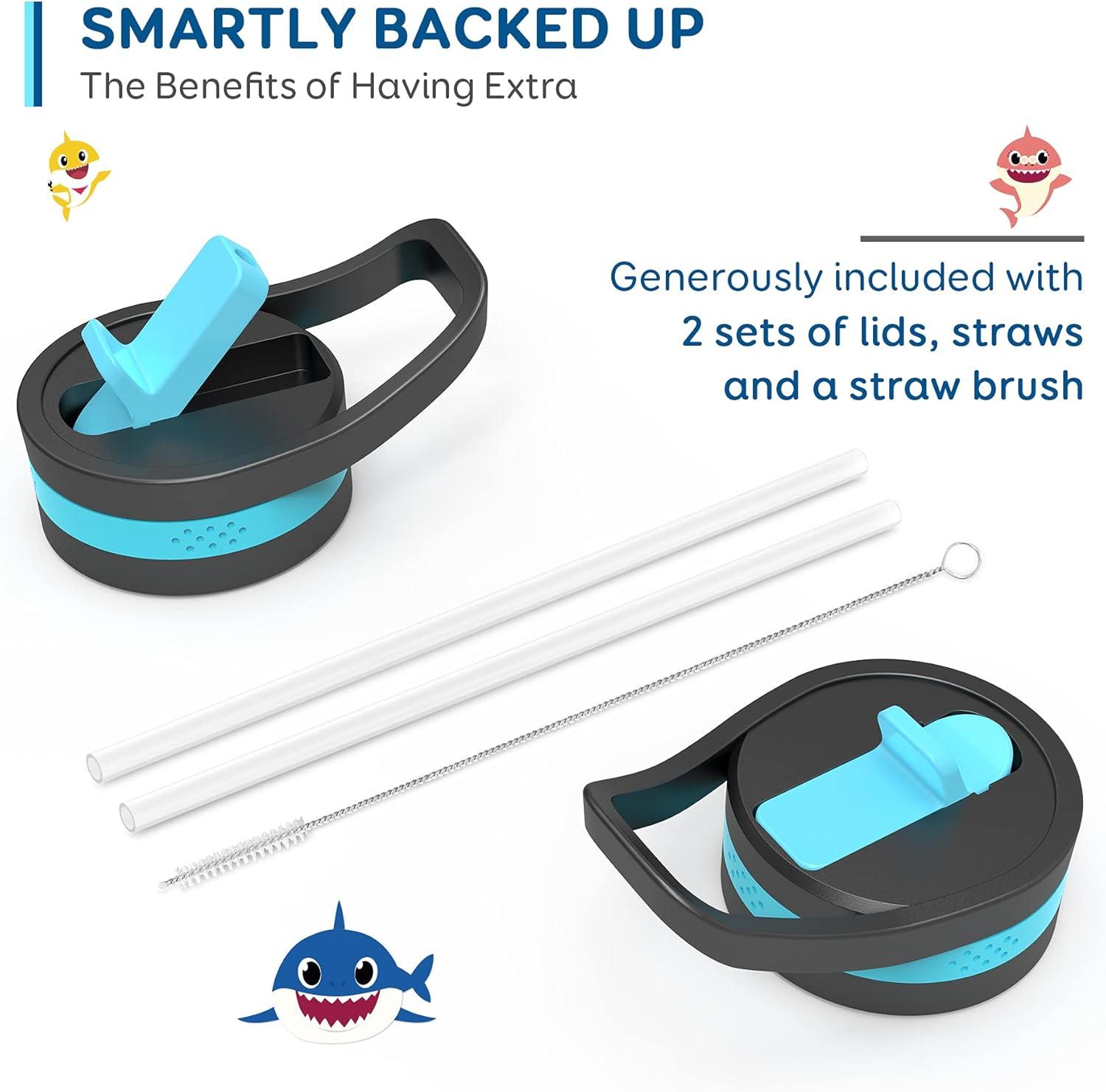 Buzio Insulated Water Bottle with Straw for Kids, 2 Lids Double Vacuum Metal Water Bottle, 14 Ounce, Blue Shark