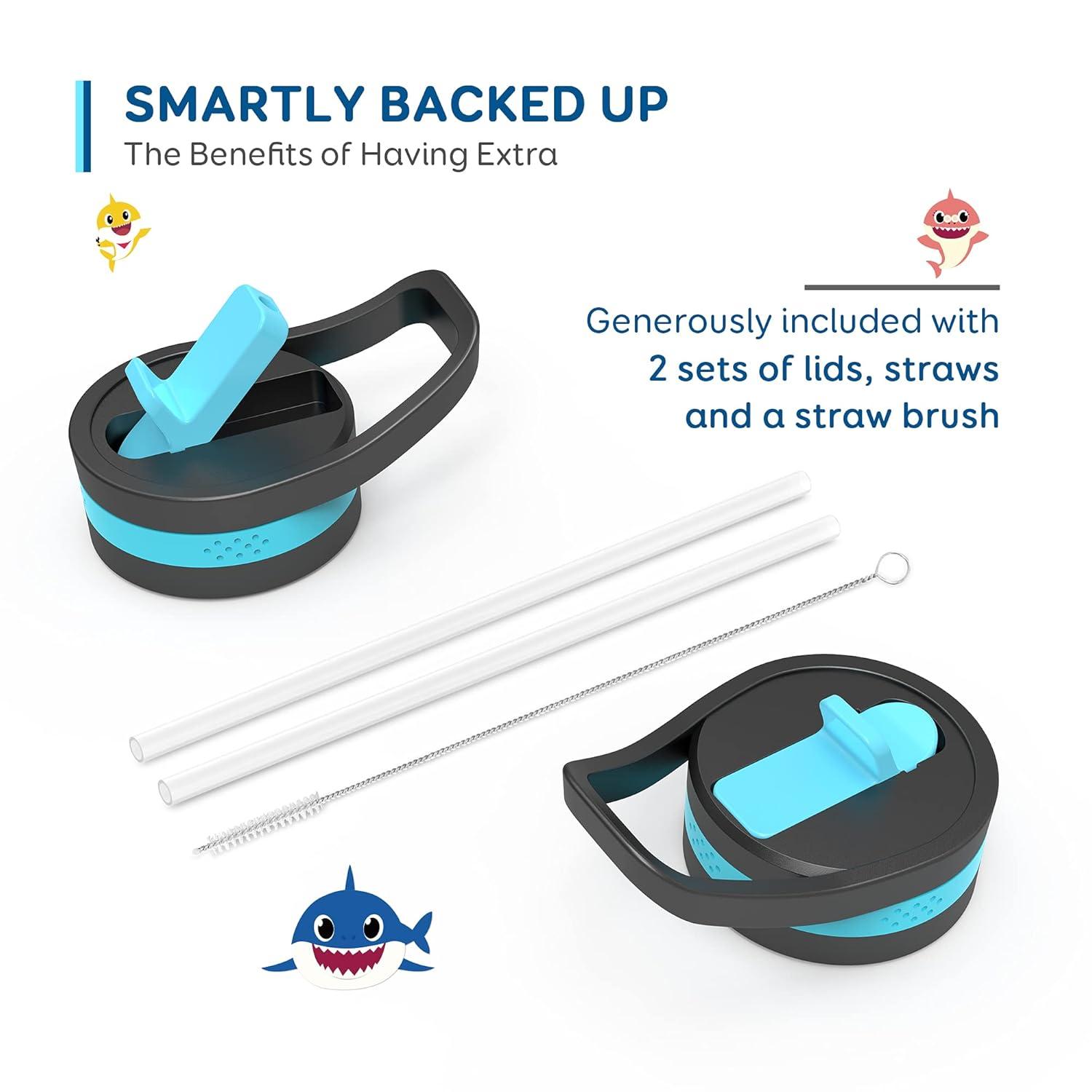 Buzio Insulated Water Bottle with Straw for Kids, 2 Lids Double Vacuum Metal Water Bottle, 14 Ounce, Blue Shark