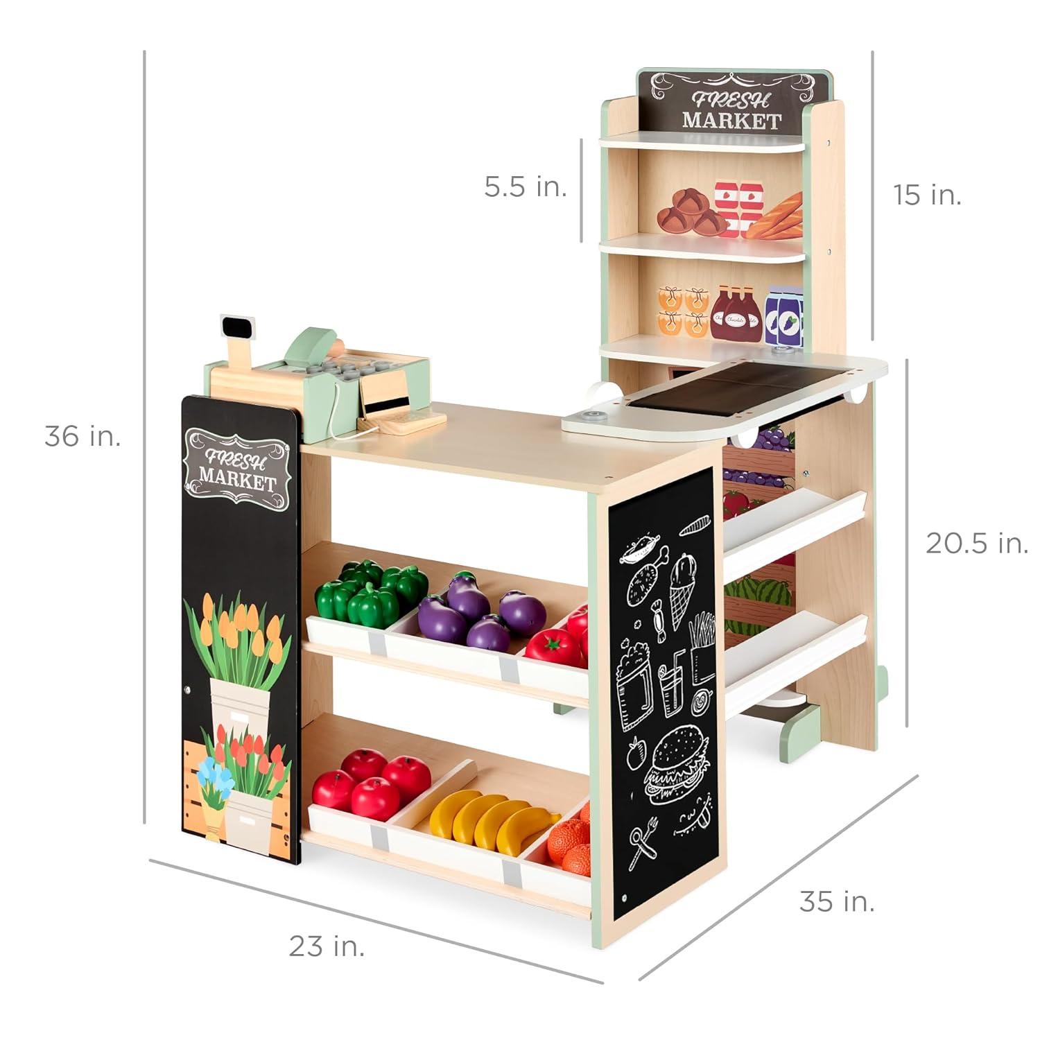 Best Choice Products Kids Pretend Play Grocery Store Wooden Supermarket Set w/ Chalkboard, Cash Register - Natural