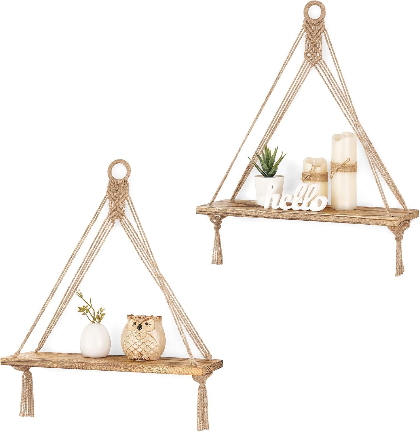 White Macrame Hanging Shelves with Rustic Wood Floating Storage