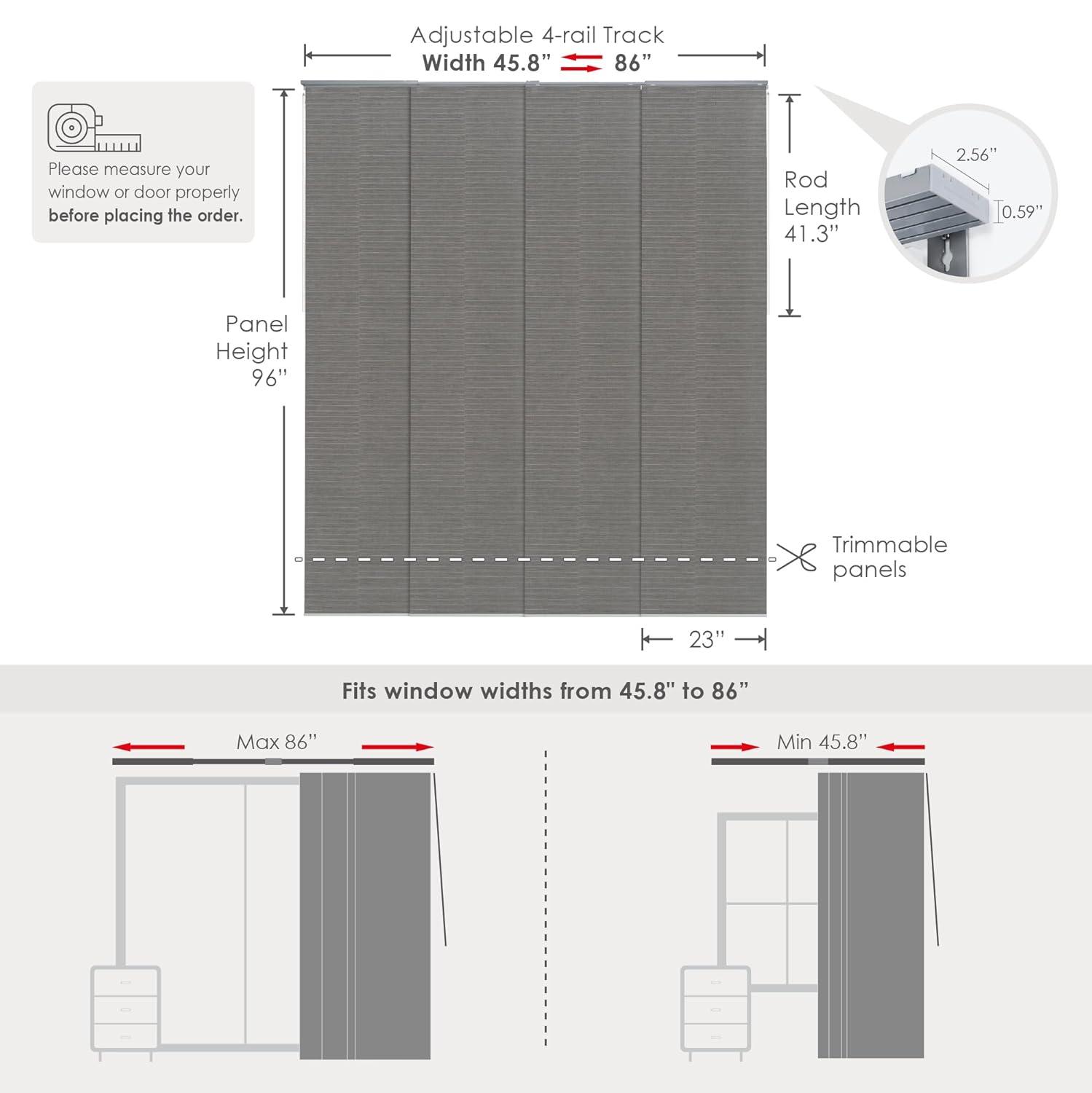GoDear Design Adjustable Sliding Panel Track Blind 45.8"- 86" W x 96" H, Vertical Blinds, Light Filtering, Peppercorn