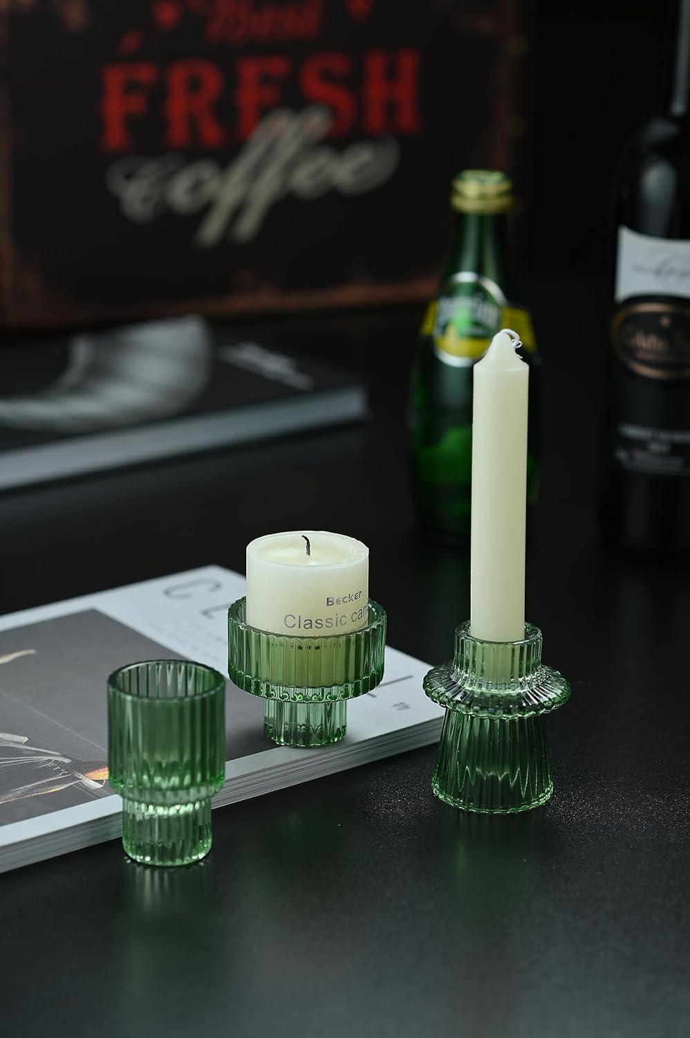 Taper Glass Candlestick Holders Tealight Candle Holders for Table Centerpieces, Wedding Decor and Dinner Party (6 Pcs, Green)