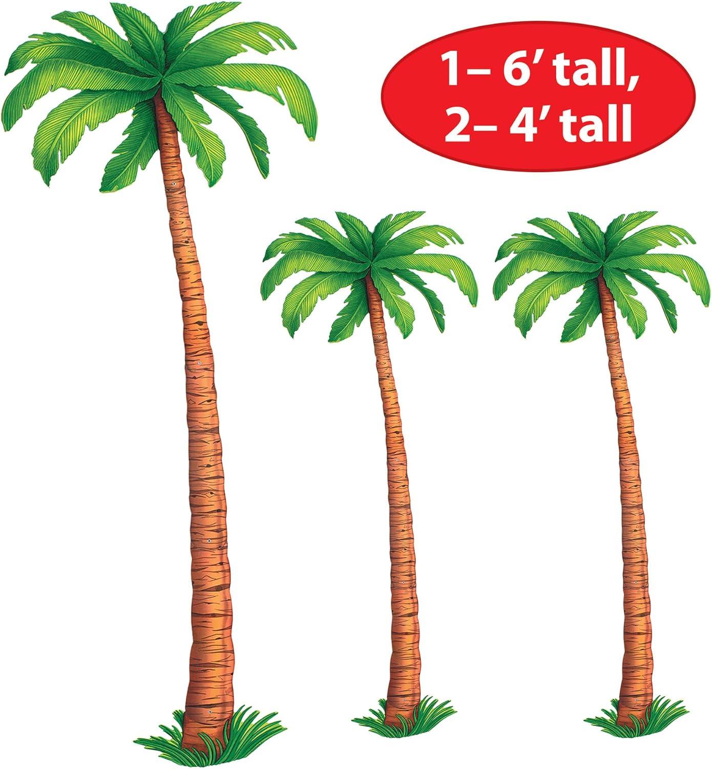 Beistle 3 Count Jointed Palm Tree Decorations, Cardstock Paper Cut Outs, Luau Beach Theme, Tropical Hawaiian Party Décor, 2-4’ & 1-6’