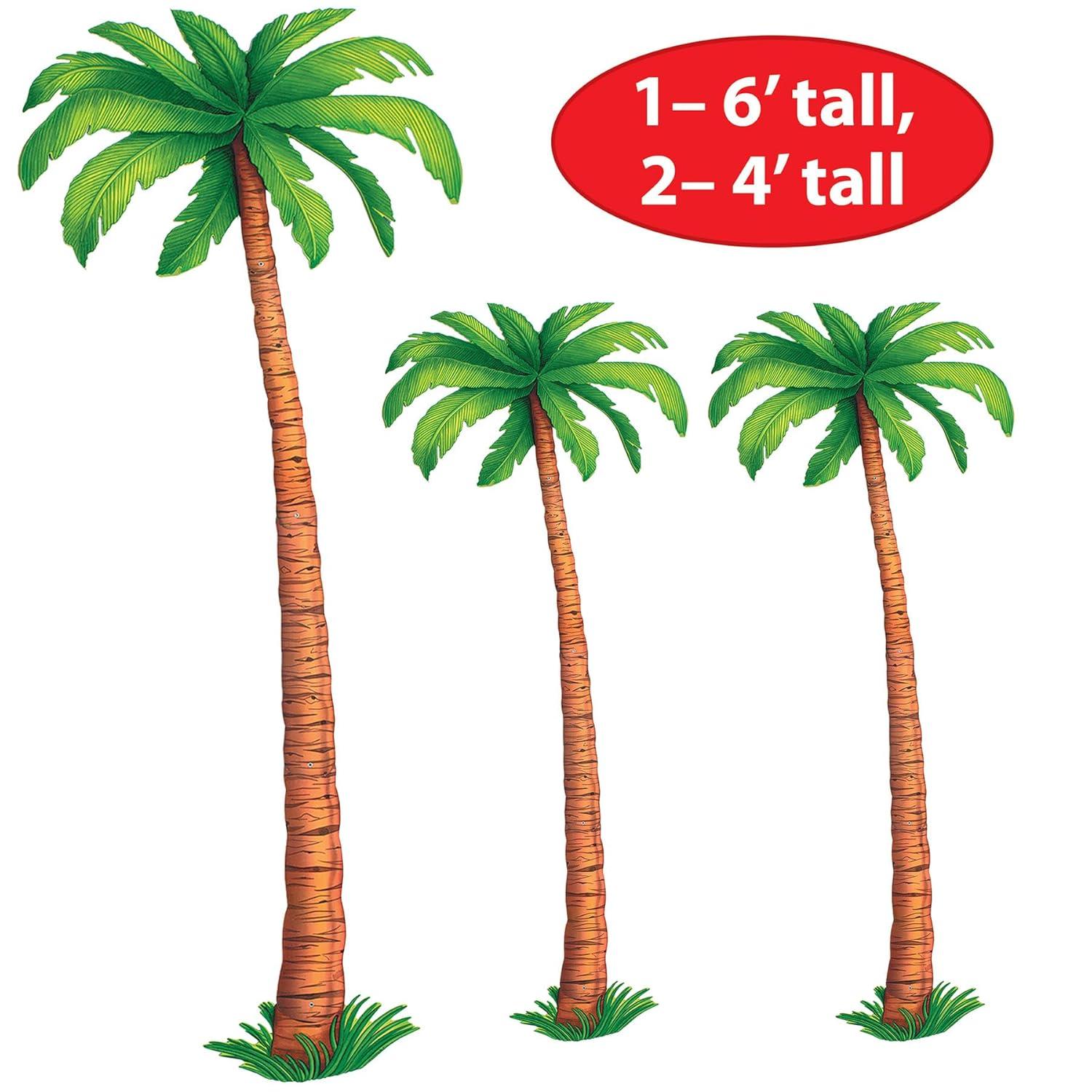 Beistle 3 Count Jointed Palm Tree Decorations, Cardstock Paper Cut Outs, Luau Beach Theme, Tropical Hawaiian Party Décor, 2-4’ & 1-6’