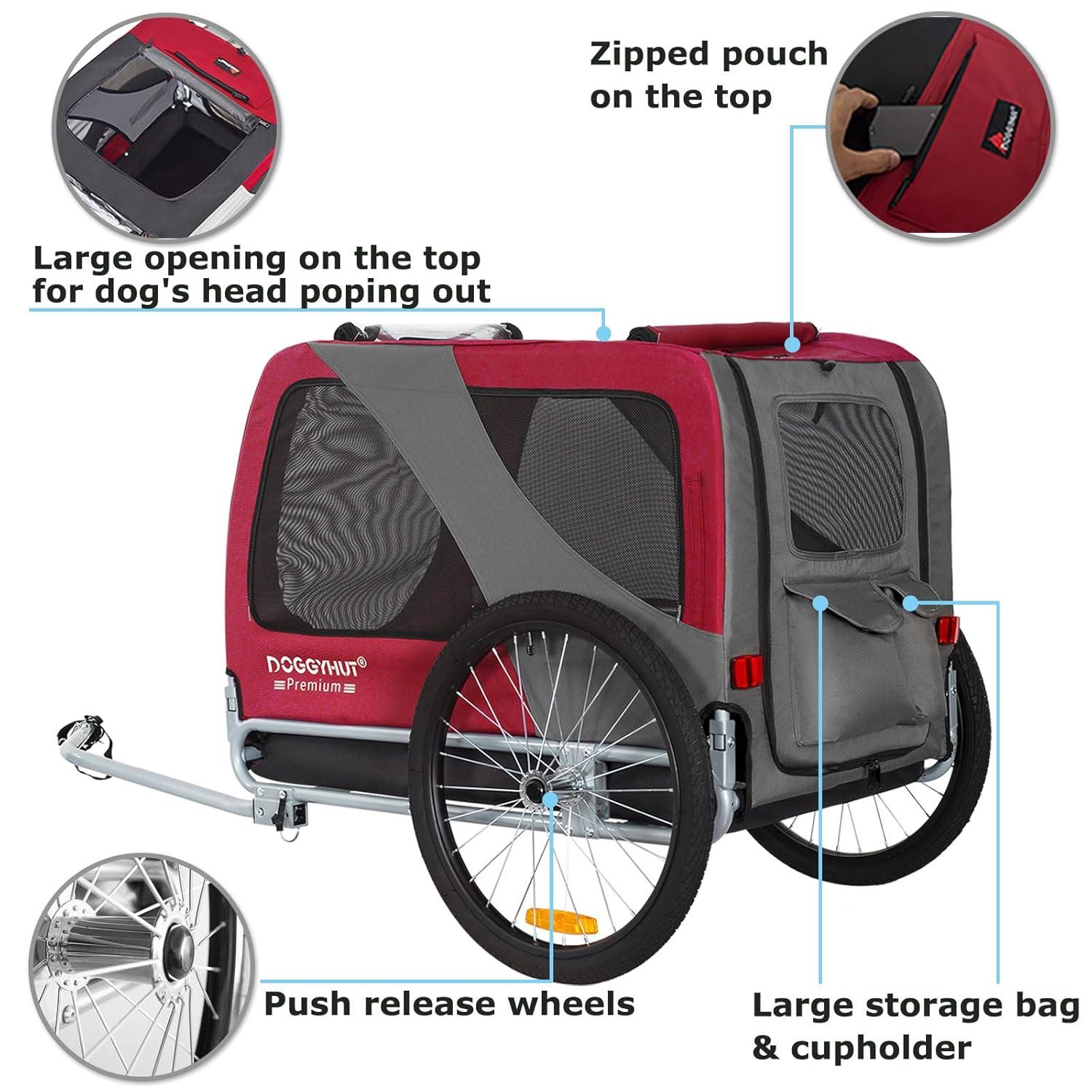 DOGGYHUT® Premium XL Pet Bike Trailer for Large Dog or Multiple Small Dogs, Up to 100 lbs,Dog Bicycle Carrier,Low Center of Gravity,Easy Folding Frame Cart