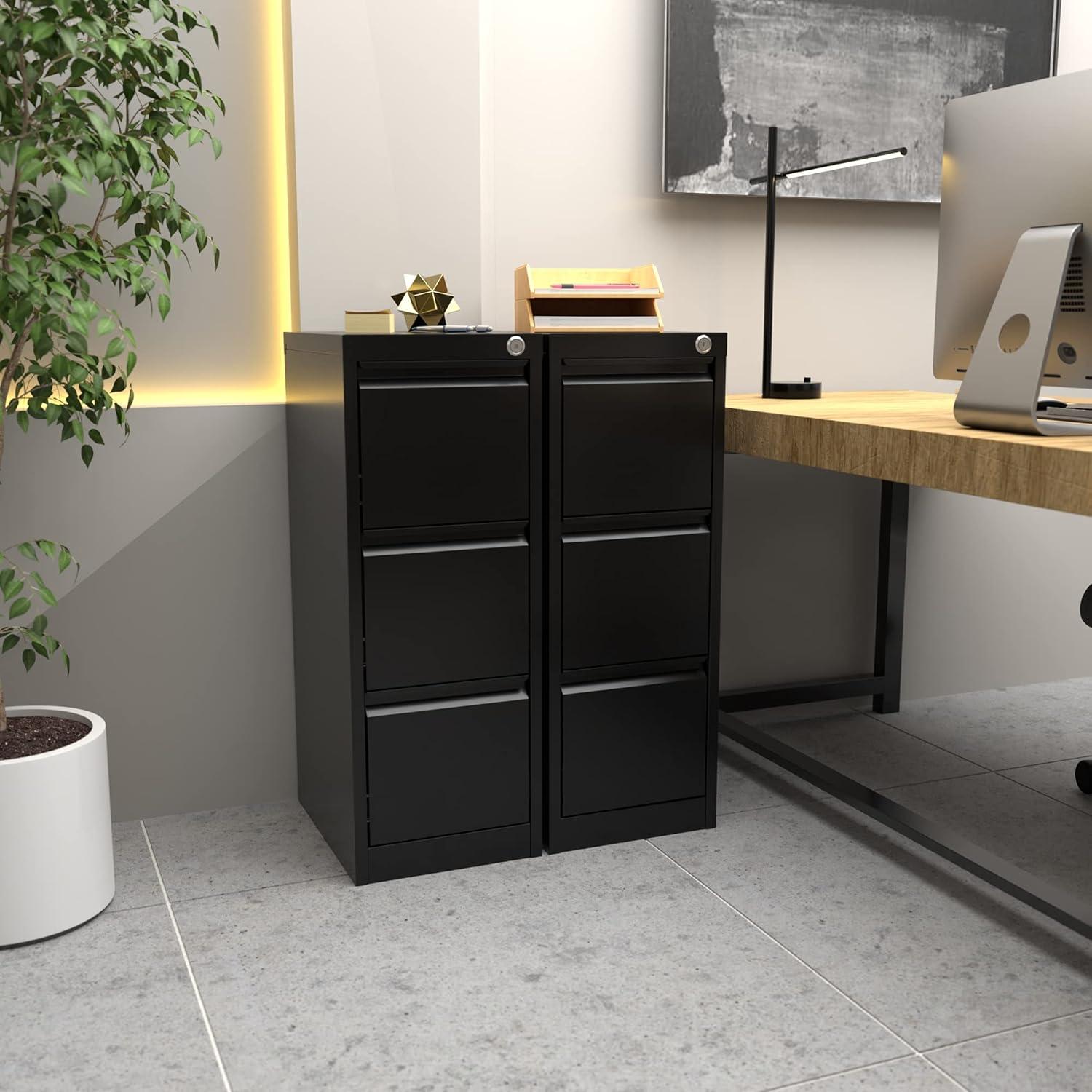 3 Drawer File Cabinet with Lock Metal Vertical File Cabinet Office Home Narrow File Cabinet for A4 Legal/Letter Size,Assembly Required (Black, 3 Drawers-Vertical)