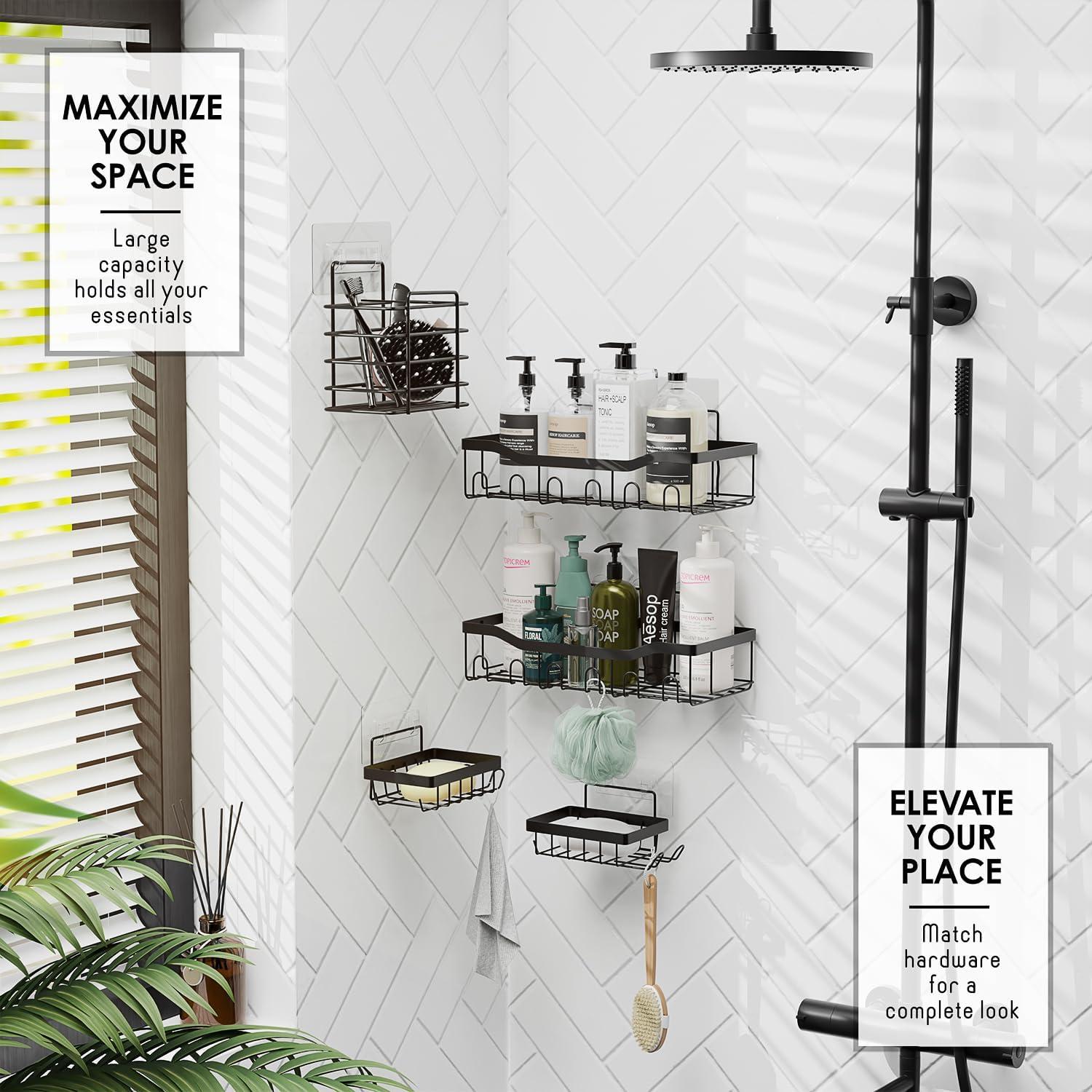 Shower Caddy and Bathroom Accessories Set - 25PC Blue Bathroom Accessory Set with Black Shower Shelf Caddy Set