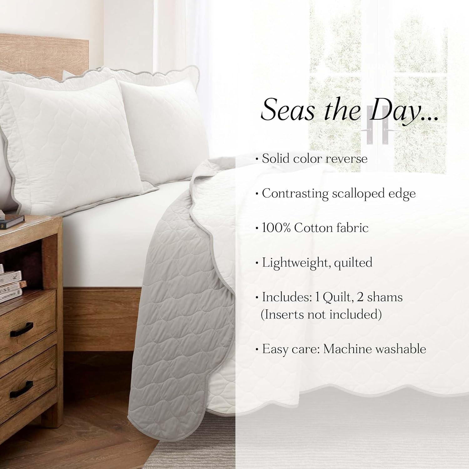 Lush Decor Coastal Chic Scalloped Edge Reversible Cotton Quilt 3 Piece Set, King/California King, Gray & White - Bedding Set - White Quilt - Coastal Decor