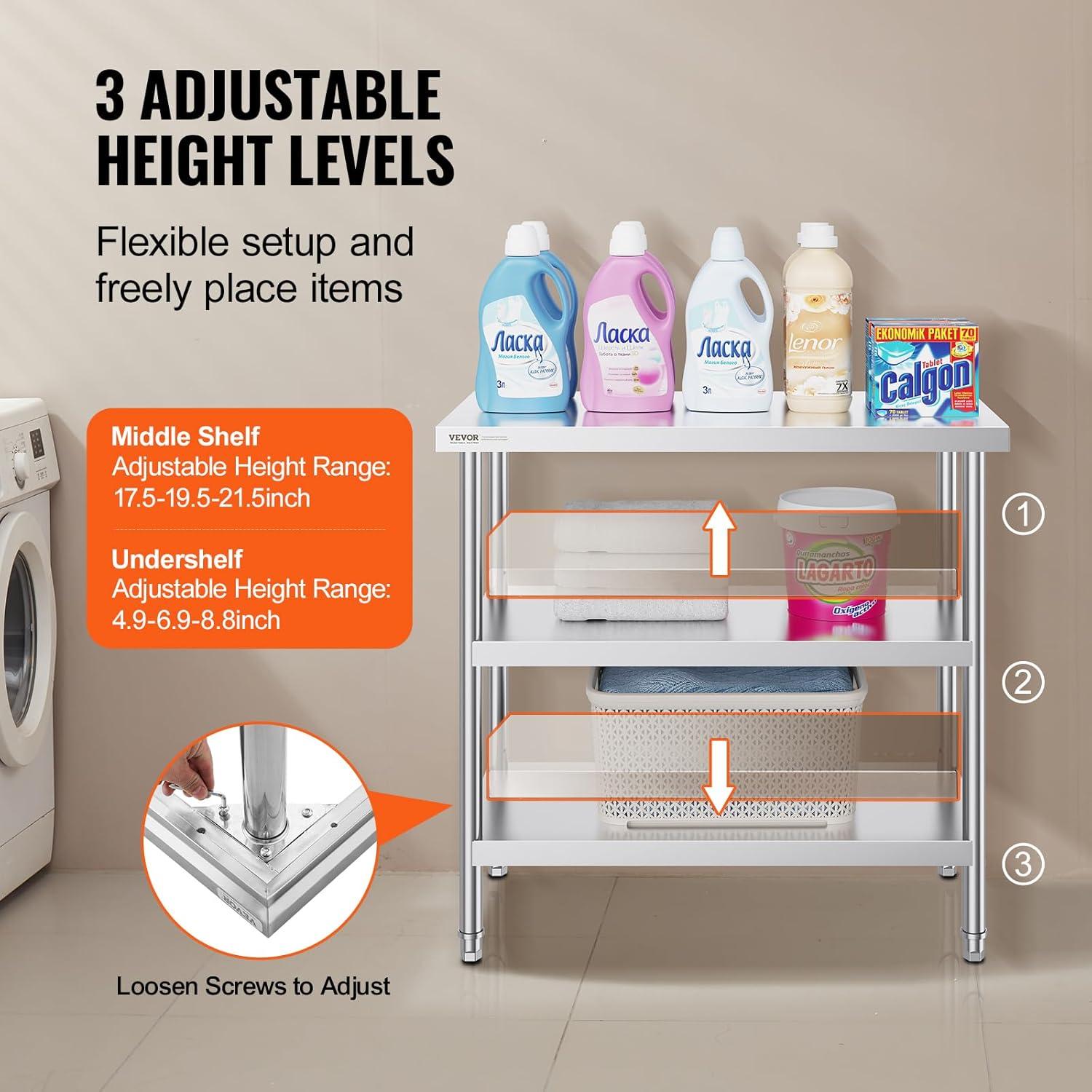 VEVOR Stainless Steel Food Prep Table, 18 x 36 x 34 Inch Commercial Kitchen Worktable, with 2 Adjustable Undershelf, Heavy Duty Prep Table