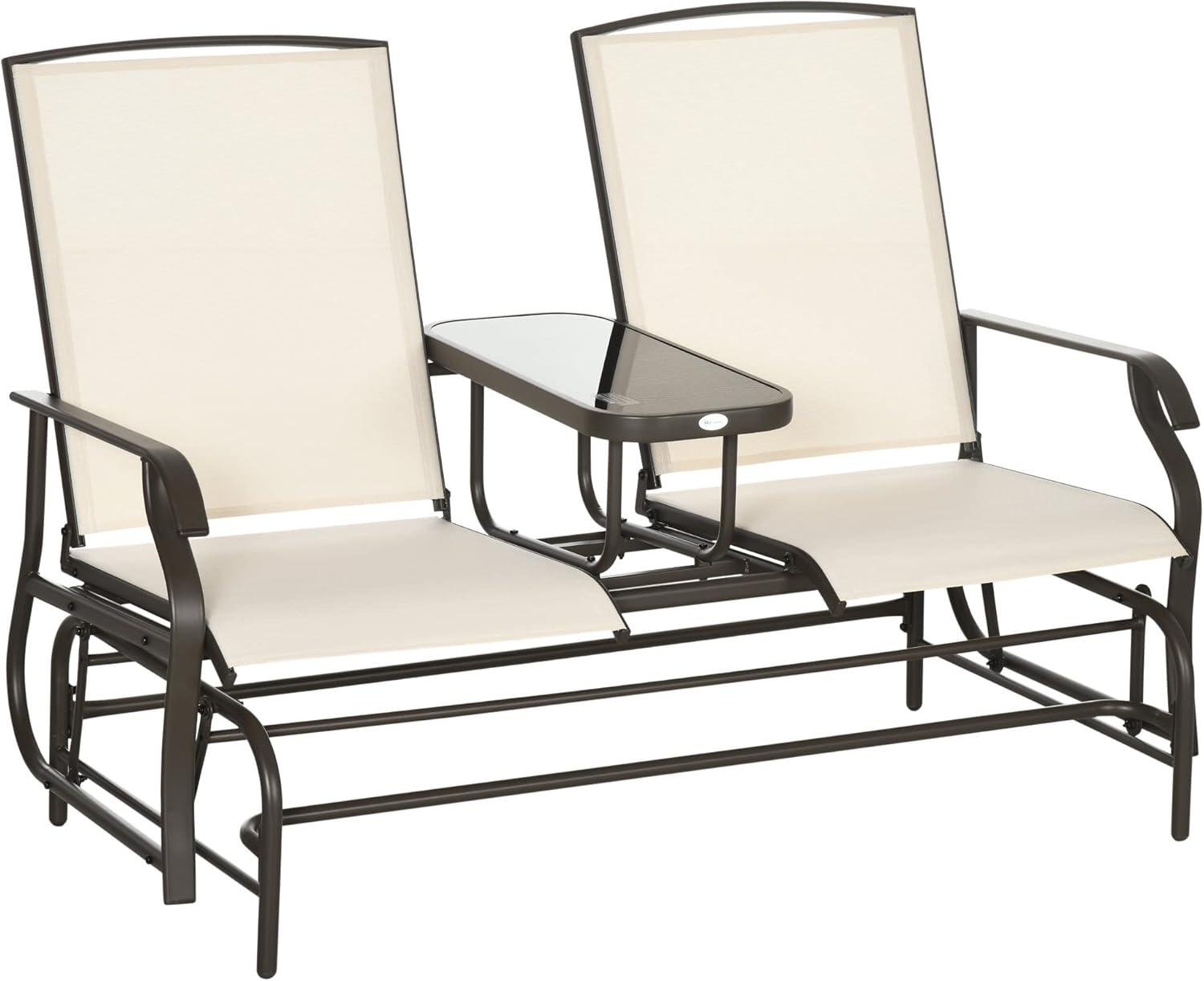 YYAo Outdoor Swing Rocker Glider Chair, Rocking Lounge Chair,Outdoor Glider Bench with Center Table,Patio Loveseat with Armrests, Beige