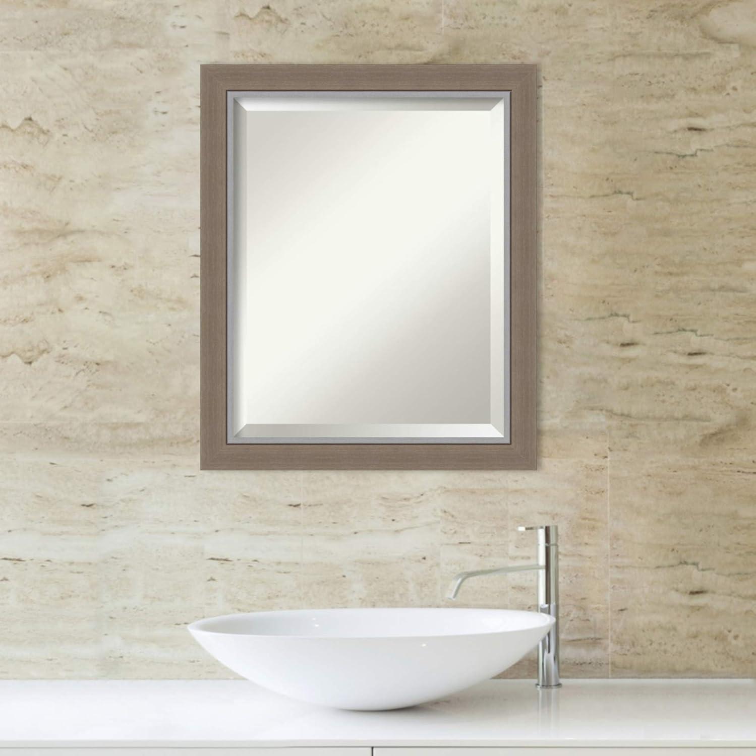 Amanti Art Beveled Bathroom Wall Mirror - Eva Narrow Frame Eva Brown Narrow Outer Size: 19 x 23 in Silver, Brown