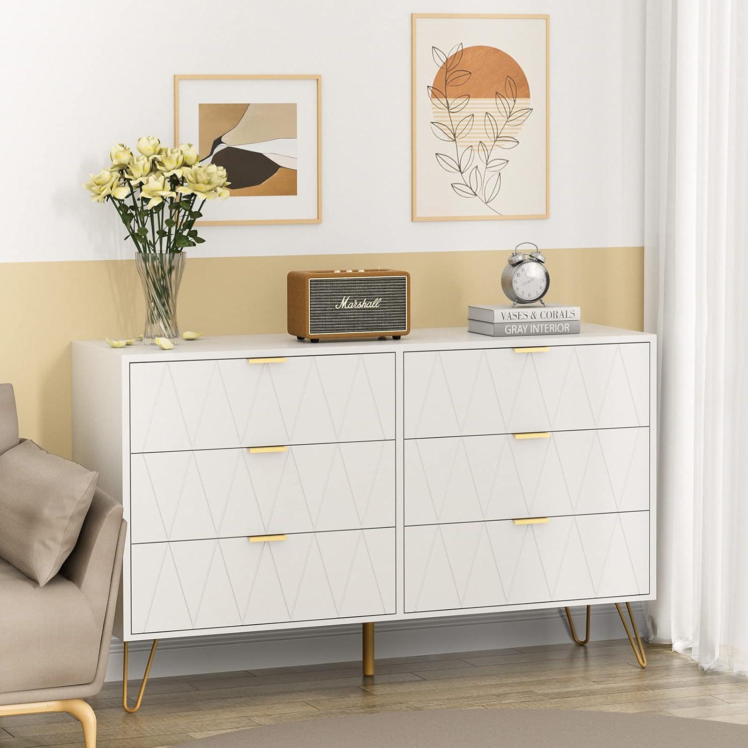 UEV Large White 6 Drawer Dresser,Modern Dresser Chest with Wide Drawers and Metal Handles,Wood Storage Chest of Drawers for Bedroom,Hallway,Entryway (White, Large 6 Drawer)