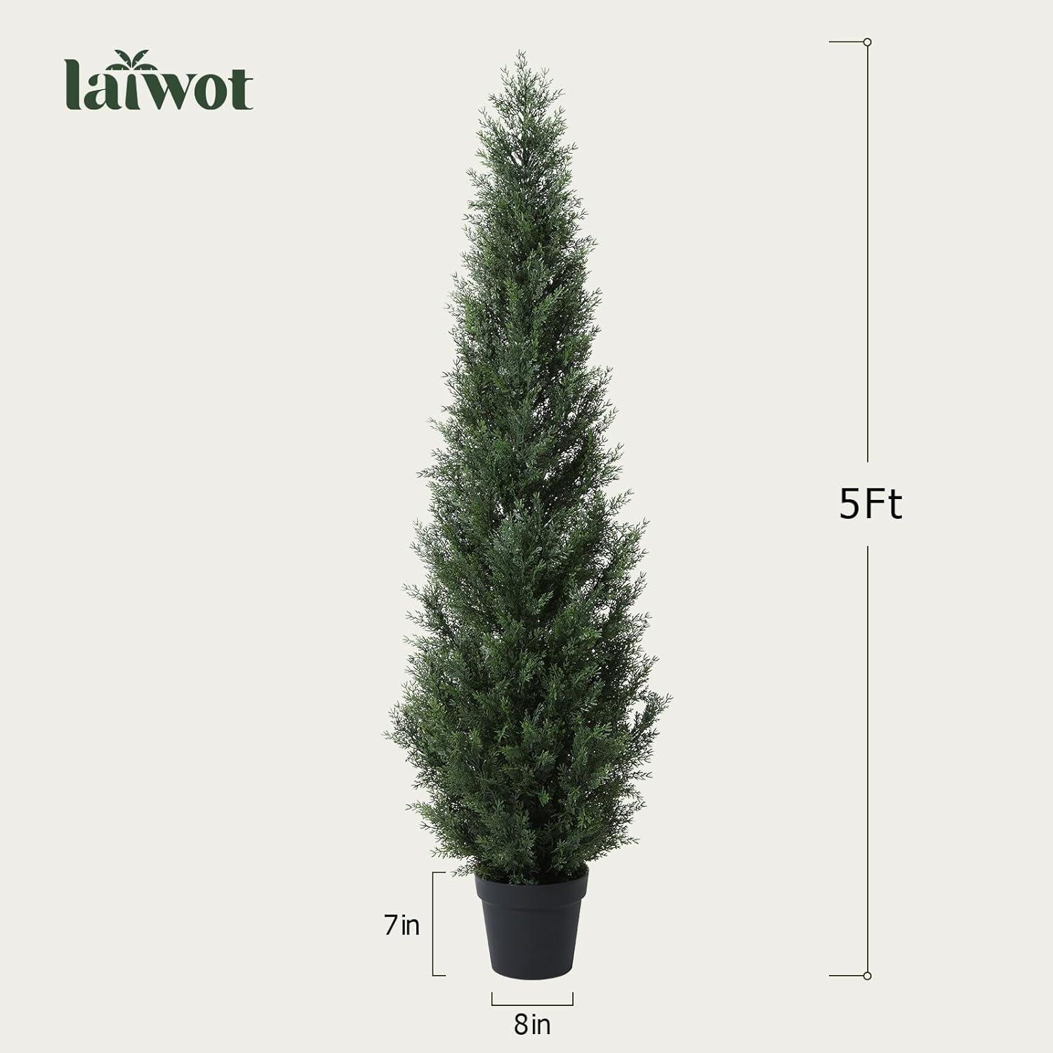 5ft Artificial Cedar Topiary Trees for Outdoors, Fake Cypress Plants with Solar Light String, Faux uv resistant Plants for Home Front Porch Decor, Housewarming Gift