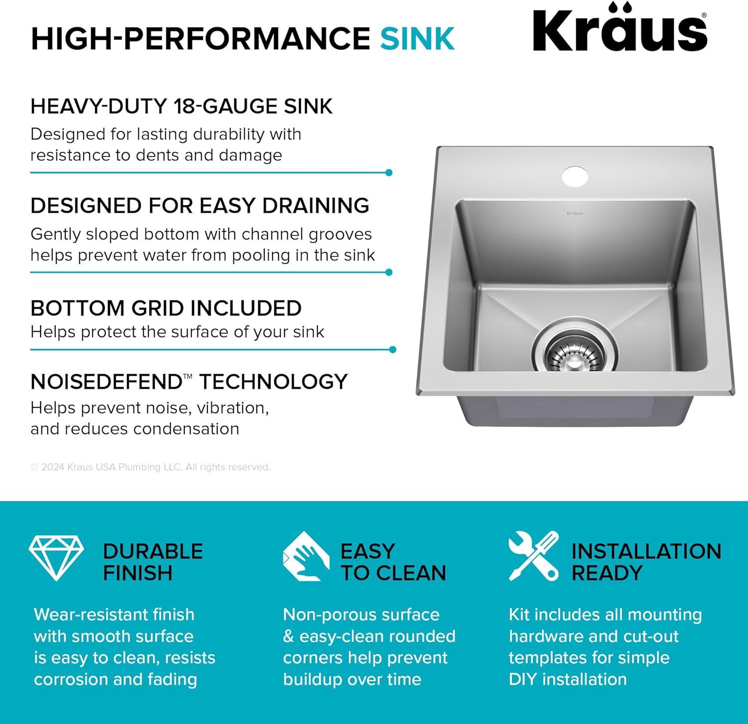 KRAUS Fairlane Single Bowl Gauge Stainless Steel Kitchen Bar Sink