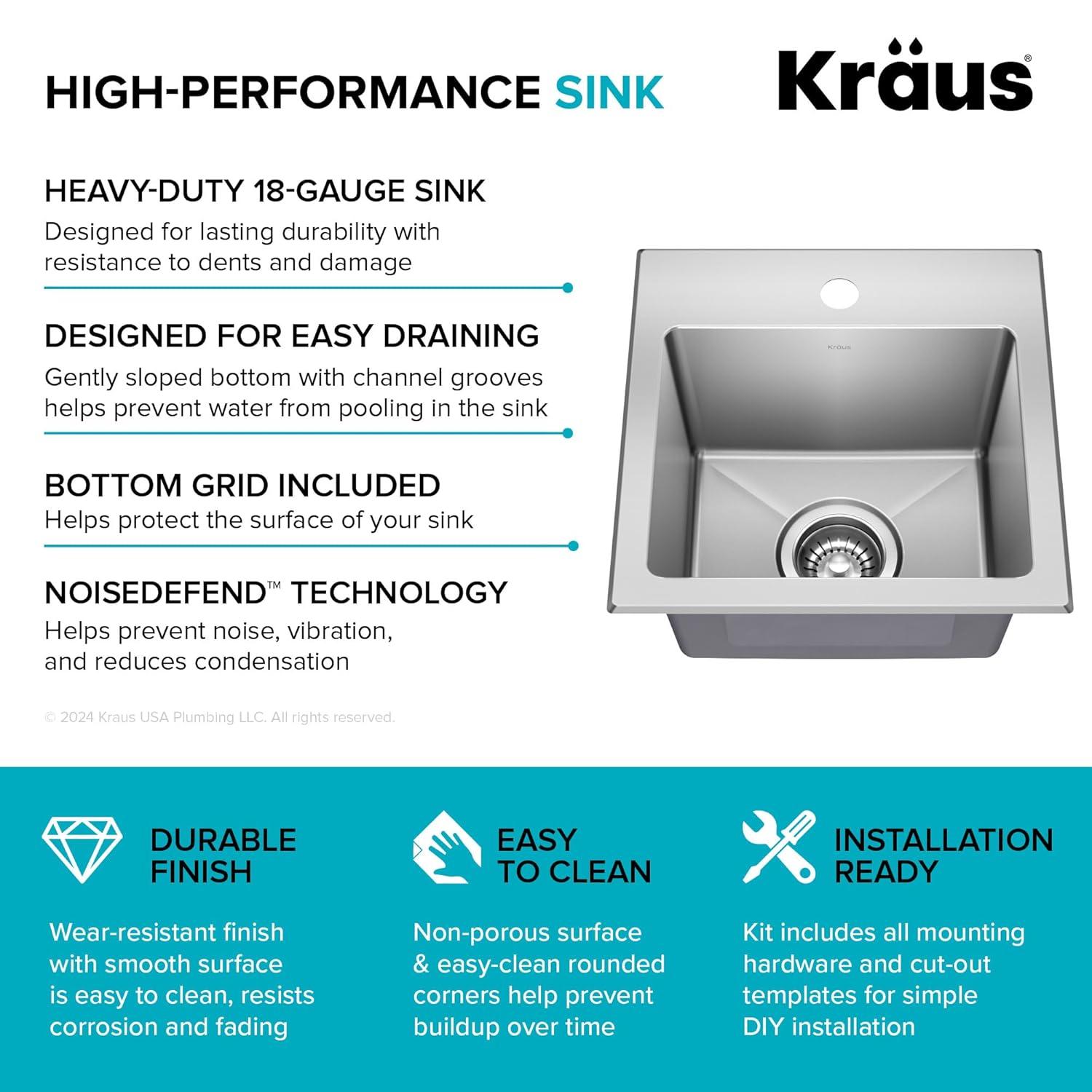 KRAUS Fairlane Single Bowl Gauge Stainless Steel Kitchen Bar Sink