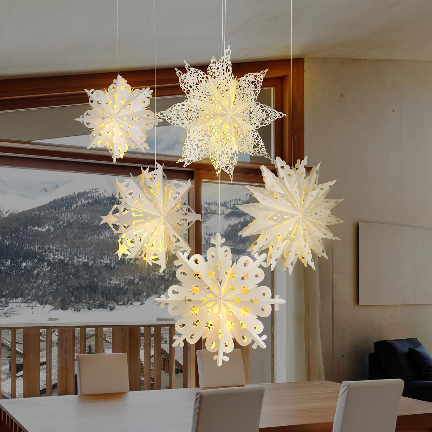 Mudder 5 Pieces Christmas Snowflake Paper Lantern with 7 Light up Star Paper 3D Hanging Lantern Lamp Party Decoration for Weddings Holiday Xmas Trees(Cute Style,White)