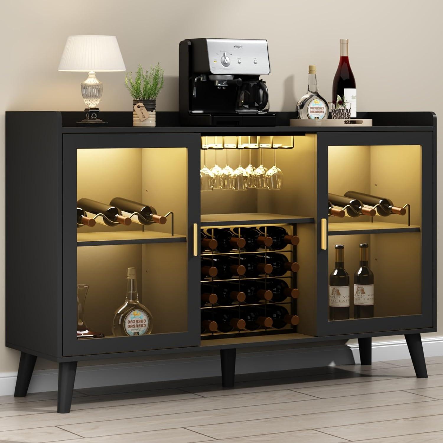 Auromie Wine Bar Cabinet with LED Light, Home Coffee Cabinet with Wine & Glass Rack, Kitchen Buffet Sideboard with Storage Shelves, Freestanding Liquor Cabinet for Living Room, Dining Room, Black