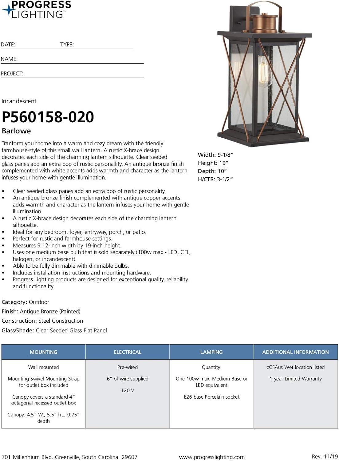 Progress Lighting Barlowe 1-Light Outdoor Wall Lantern in Antique Bronze with Clear Seeded Glass