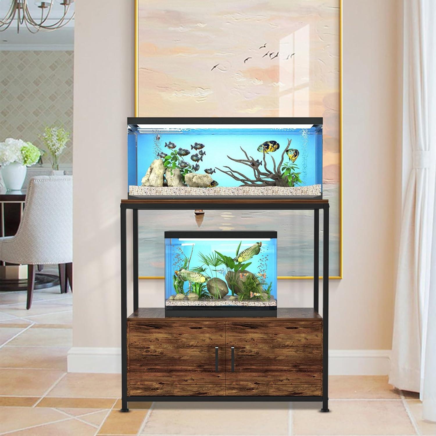 Rustic Brown Metal and Wood Fish Tank Stand with Storage Cabinet