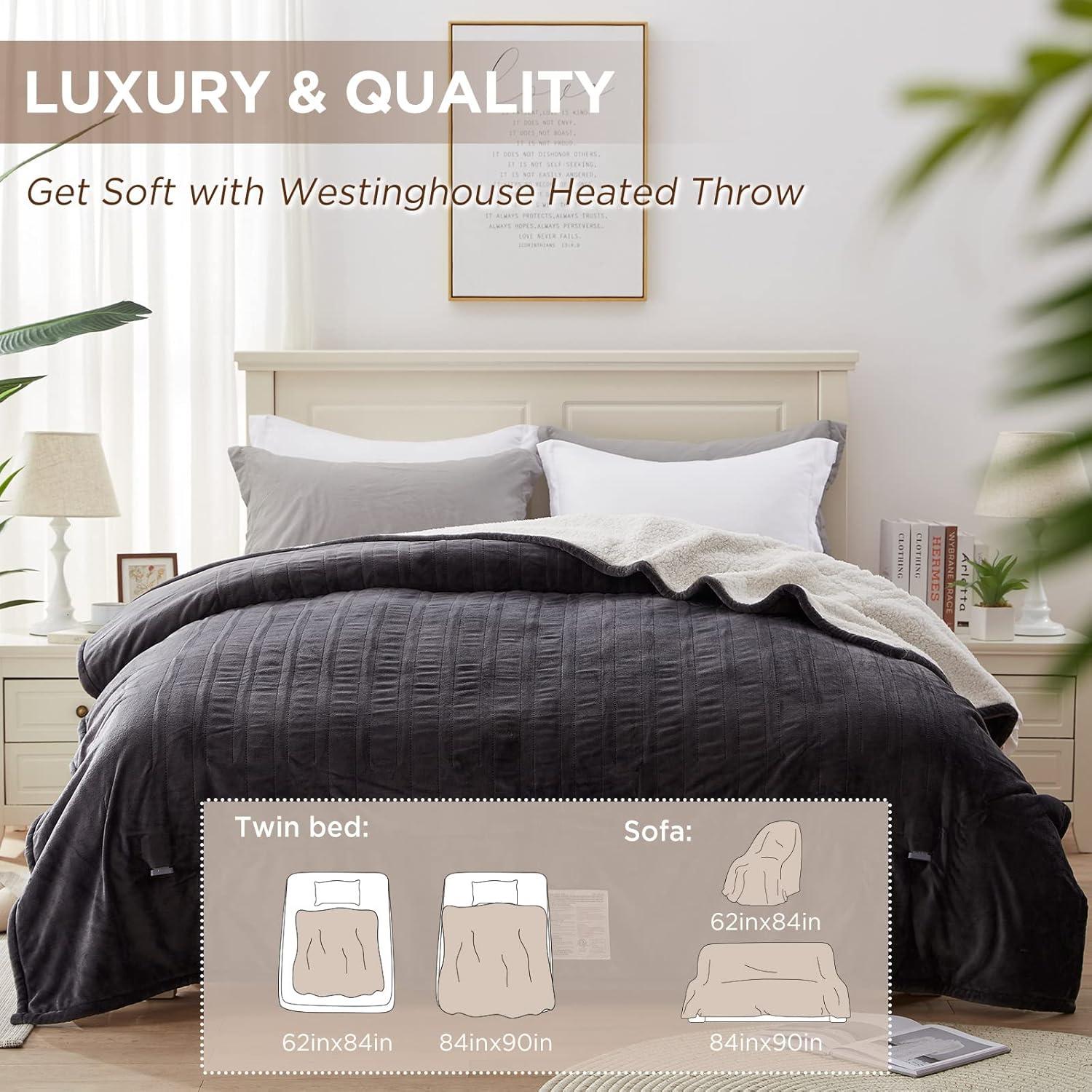 Westinghouse Heated Blanket Twin Size, Soft Flannel to Sherpa Electric Blanket with 10 Heating Levels, 12 Hours Auto Off, Fast Heating, Machine Washable, 62x84 Inch, Charcoal