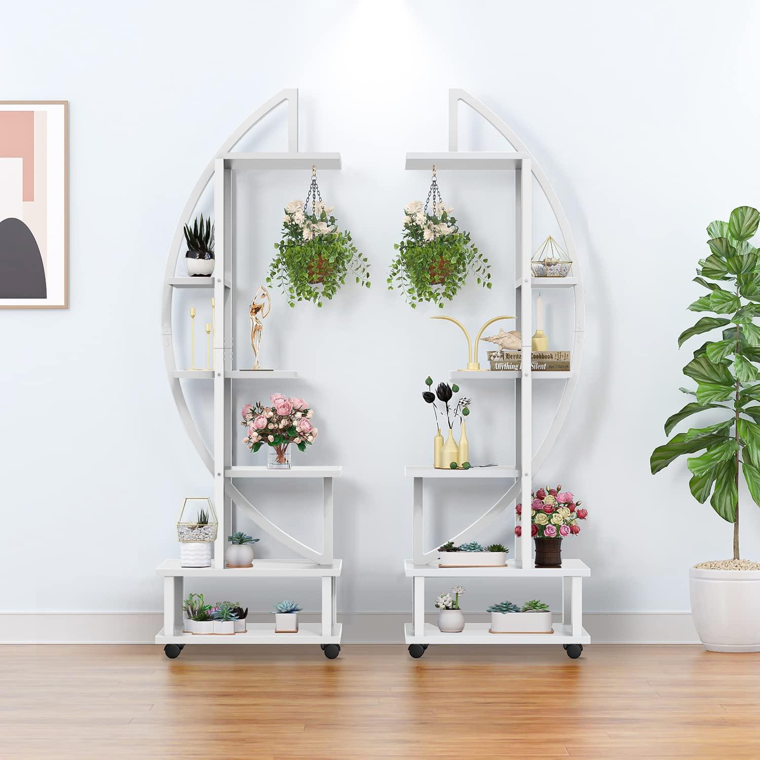 2 Pcs 6 Tier Tall Metal Indoor Plant Stand with Detachable Wheels, Plant Shelf Holder for Outdoor Clearance with Hanging Loop, Half-Moon-Shaped Multi-Purpose Plant Stands for Home Decor, Balcony,