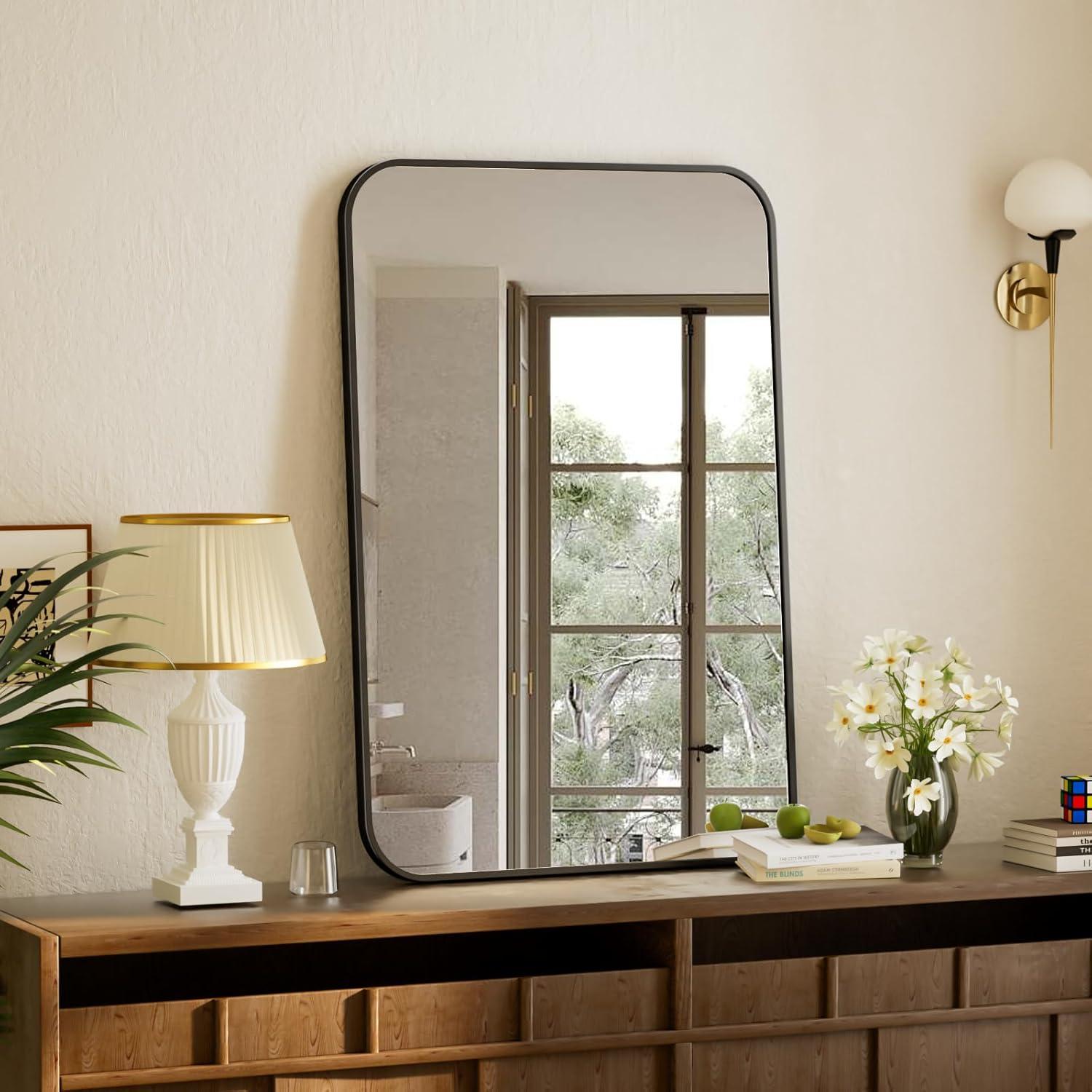 BEAUTYPEAK 20" x 28" Rectangular Aluminum Alloy Frame Wall Mounted Bathroom Mirror with Rounded Corners, Black